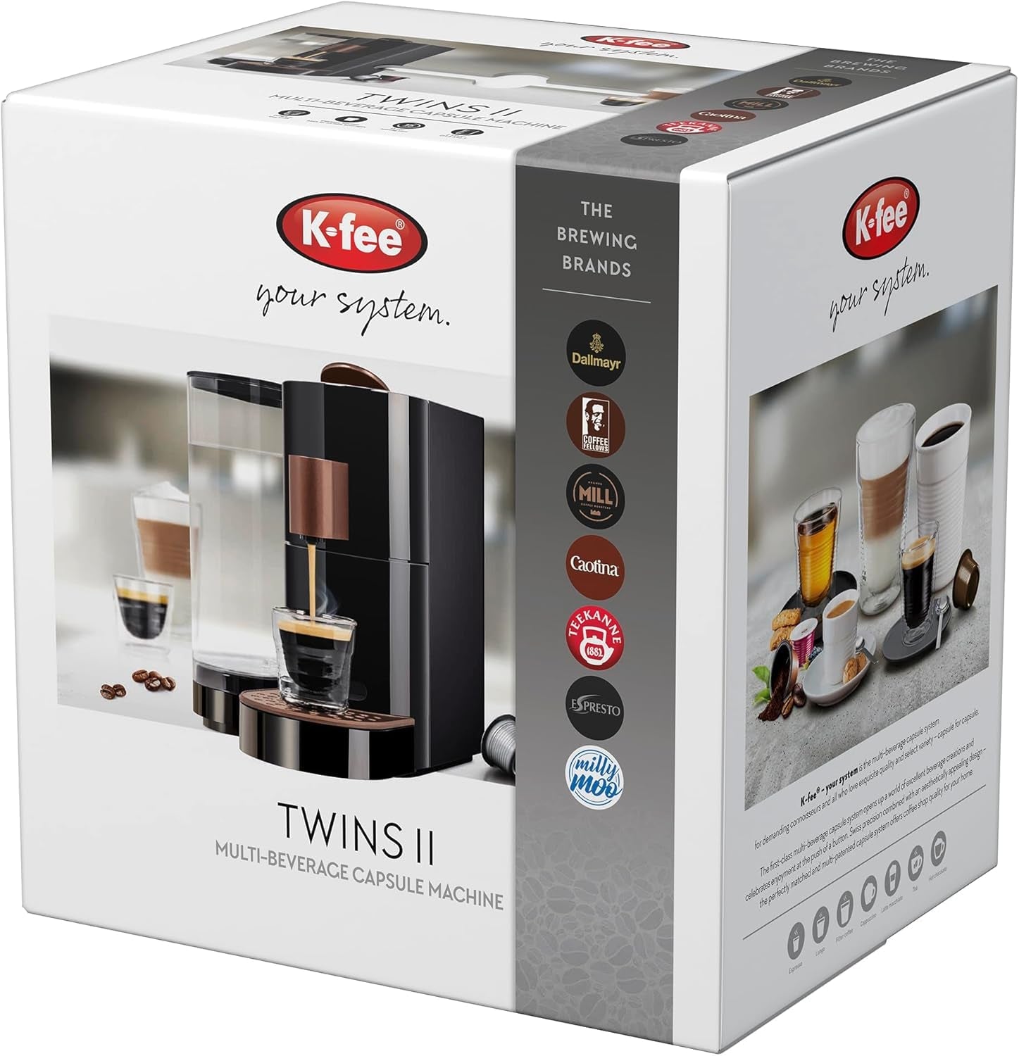 K-FEE TWINS II kapsel espressomaskine til kaffe, te og kakao | Espressomaskine til store kopper | Hurtig opvarmning | 2,3 l vandtank | 19 takter | Sort-kobber
