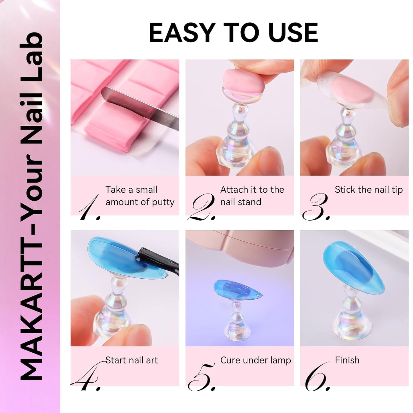Makartt Akryl negleholder, magnetisk negleholder, negleholder, transparent pink negleholder med 48 klæbende kit
