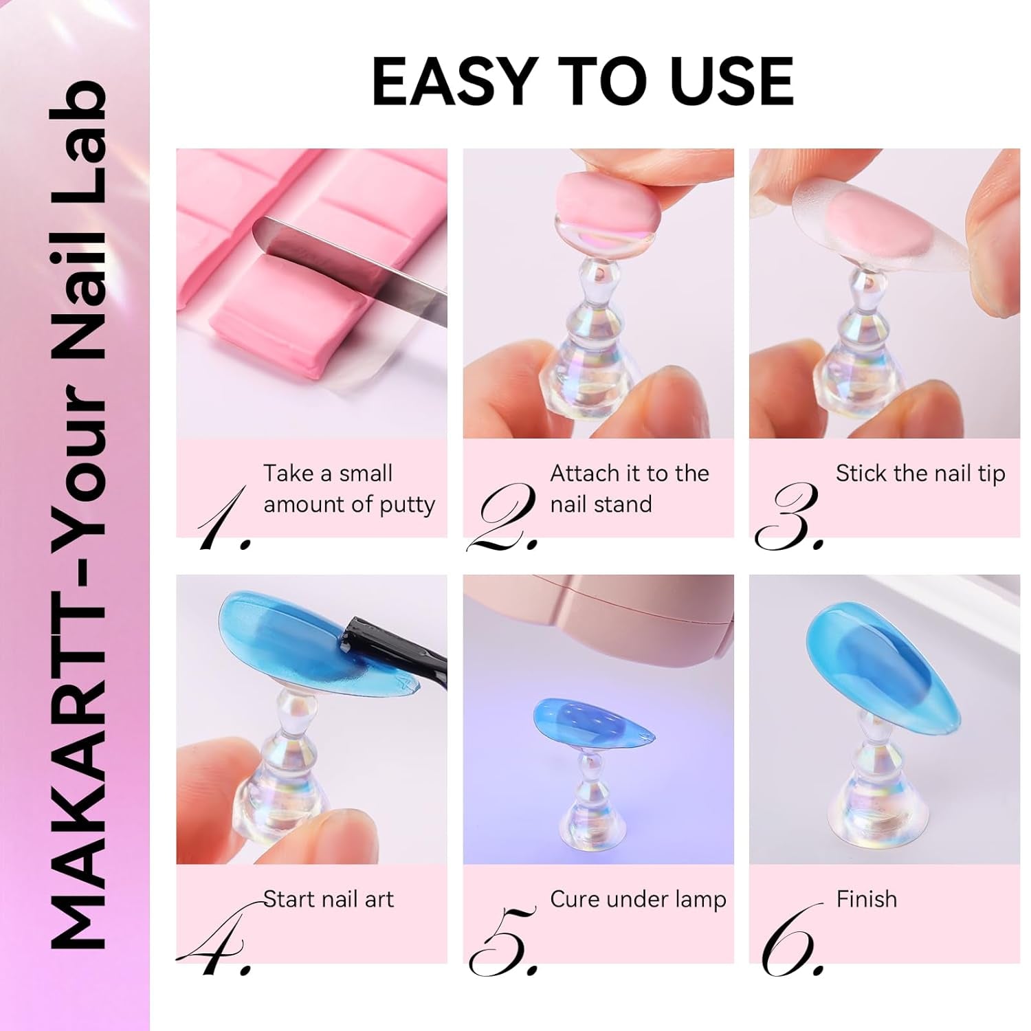 Makartt Akryl negleholder, magnetisk negleholder, negleholder, transparent pink negleholder med 48 klæbende kit