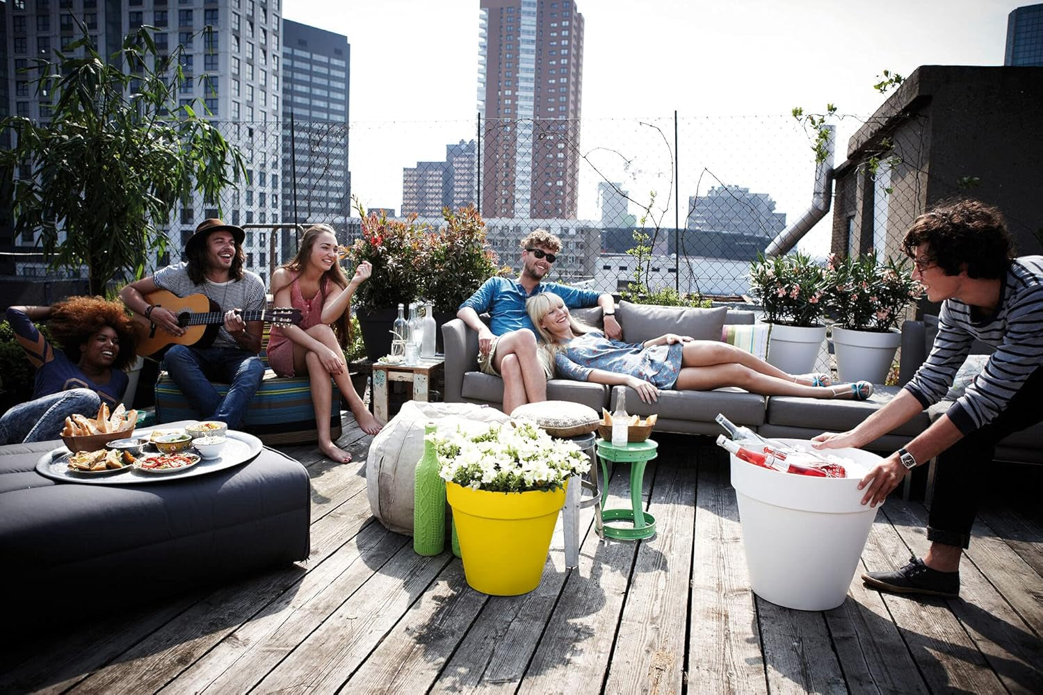 elho Loft Urban Round 40 - Udendørs urtepotter - 100% genbrugsplast - Ø 38,5 x H 35,3 cm - Gul/Ocher
