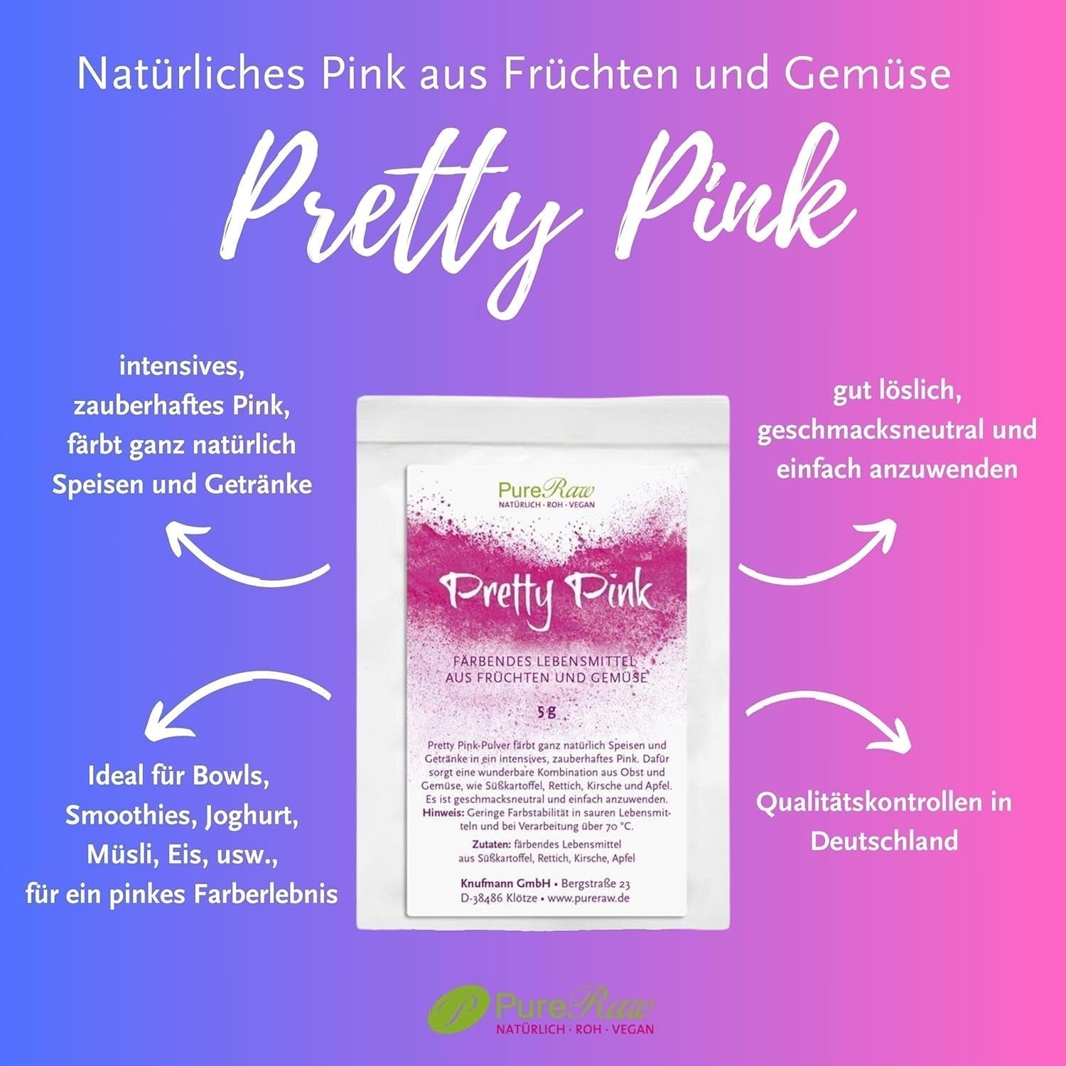 Pretty Pink Natürliche Lebensmittelfarbe Pulver Rosa (Roh Vegan) Pastel Rose Bis Intensiv Rosa-Rot - Essbare Farbe Für Lebensmittel Aus Früchten Und Gemüse - Naturlig fødevarefarve | Pureraw 5G Naty Shop