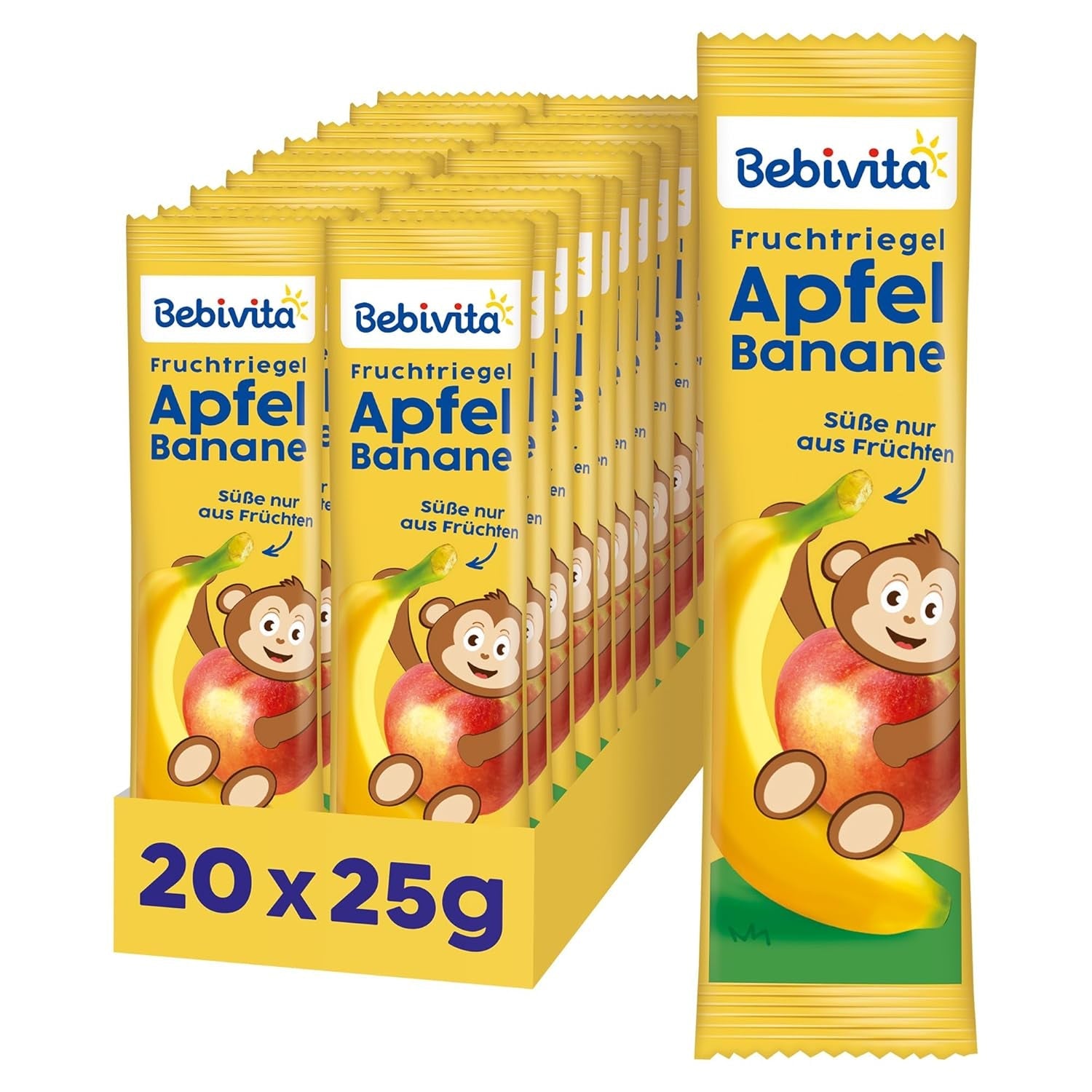 Æble- og bananbarer (20 x 25 g), kun sødet med frugt, perfekt snack mellem måltiderne, tilberedt af strengt kontrollerede og udvalgte ingredienser.