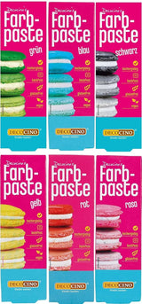 Sæt med 6 Decocino farvepastaer - 6 x 20 g - Madfarve i rød, pink, grøn, gul, blå og sort, ideel til farvning af kager, fondant og cremer - Azofri og glutenfri