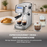 CASO EspressoGourmet Crema - Portafilter espressomaskine med mælkeskummer, espresso, cappuccino, rustfrit stål portafilter, ULKA 20 bar pumpe, kaffemaskine, malet kaffe, ESE kapsler