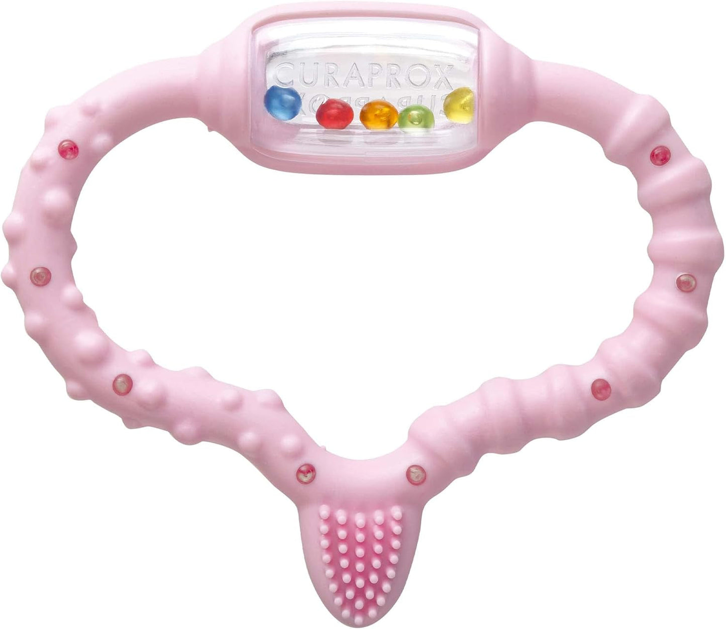 Curaprox babyring til tandfrembrud - Til små børn 0-24 måneder/Lindrer tandpine og fremmer motoriske færdigheder | BPA-fri, Lyserød, med træningstandbørste/Fremstillet i Schweiz