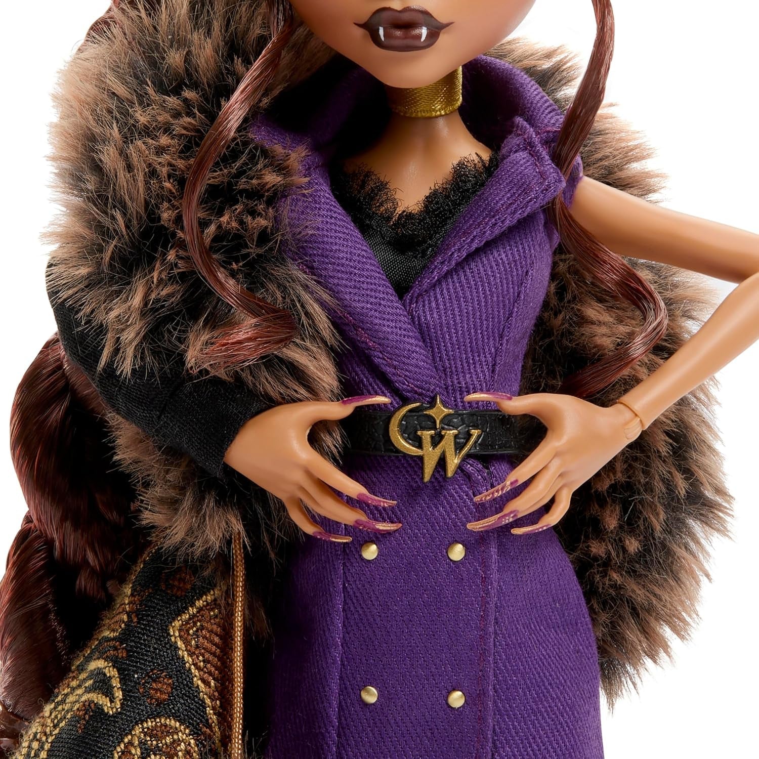 Monster High Doll House of Wolves Clawdeen Wolf samlerfigur med imiteret pels jacquardfrakke Lilla jakkekjole Guldbukser og tilbehør JDR66