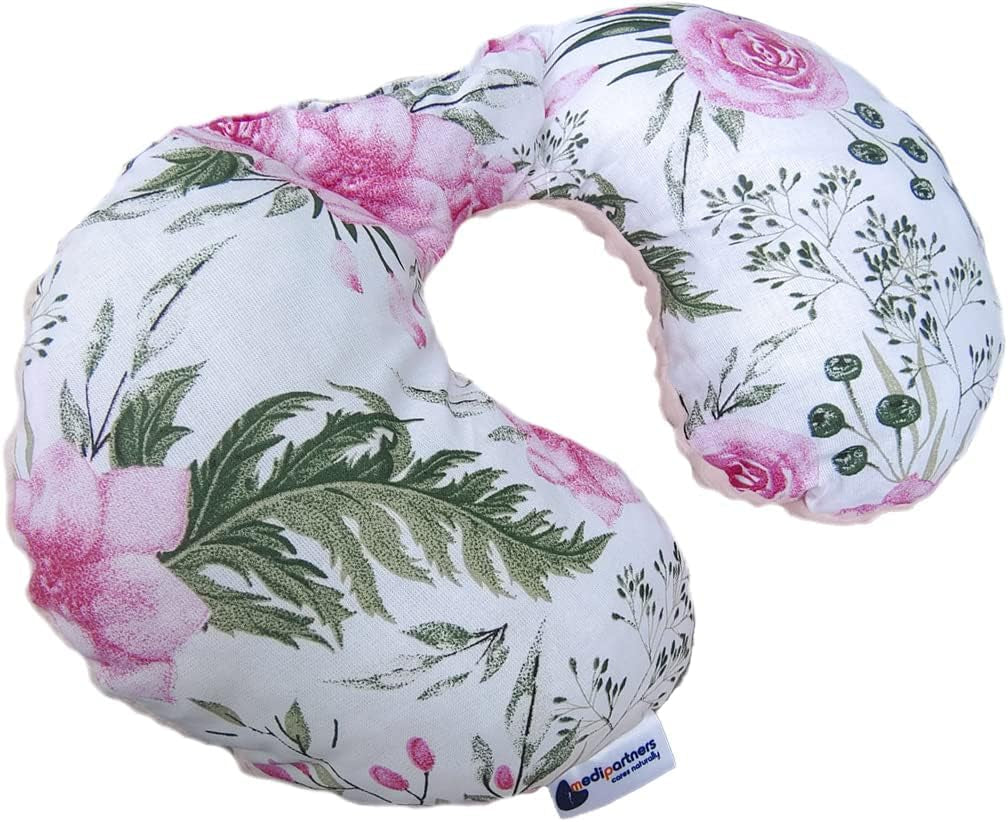 Medi Partners Baby Nakkepude Nakkestøtte 100% Bomuld / Minky Baby Nakkepude til Bilvogn Rejser Søvn Nakkepude Snooze Roll (REH med Grå Minky) Cervikale ortopædiske puder Naty Shop Flower med Lys Pink Minky