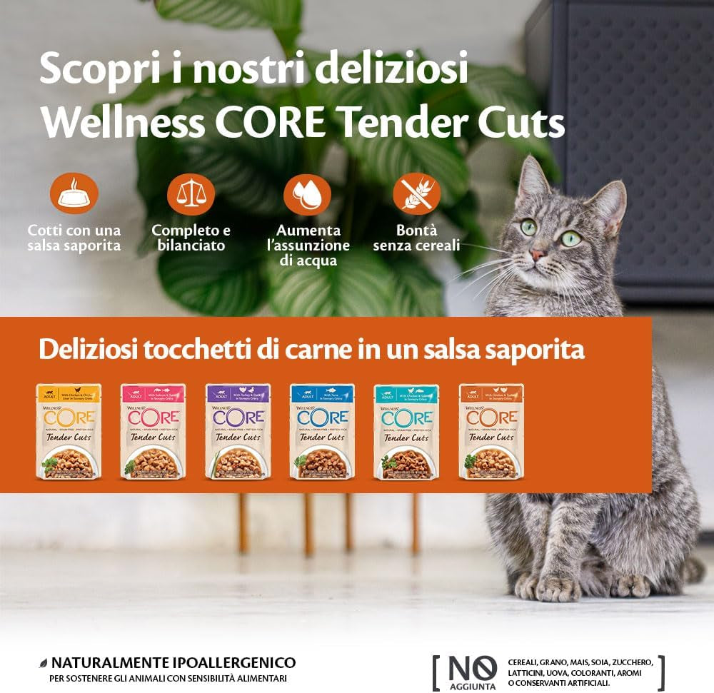 Wellness CORE Tender Cuts 6 x 85g, Kylling Selection Mix - Vådfoder til katte, møre stykker i sauce, kornfri, naturlig, hypoallergen, rig på protein, højt kødindhold