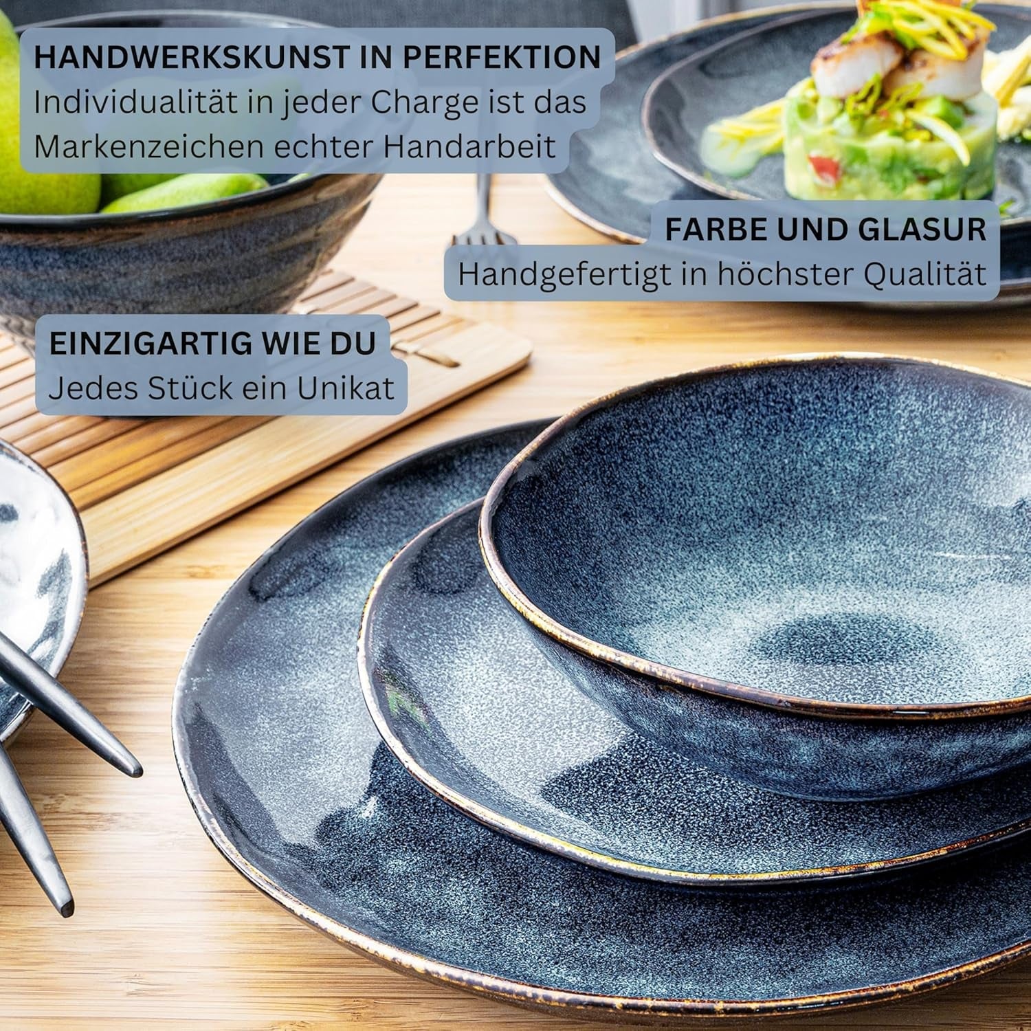 Sänger | Tokyo 36-delt servisesæt 12-personers porcelænsstel Moderne håndlavet mørkeblåt porcelæn med sorte accenter | PREMIUM KOLLEKTIONEN