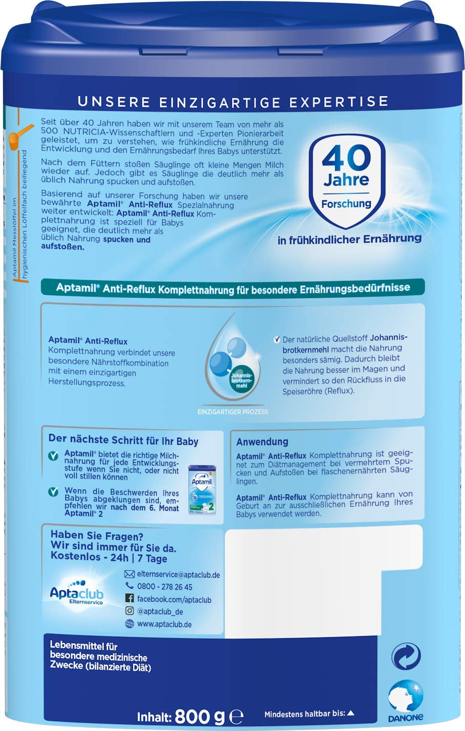 Aptamil Anti-Reflux - Komplet formel fra fødslen Diætstyring Opkastning og opstød Babymad Mælkepulver 1 x 800 g