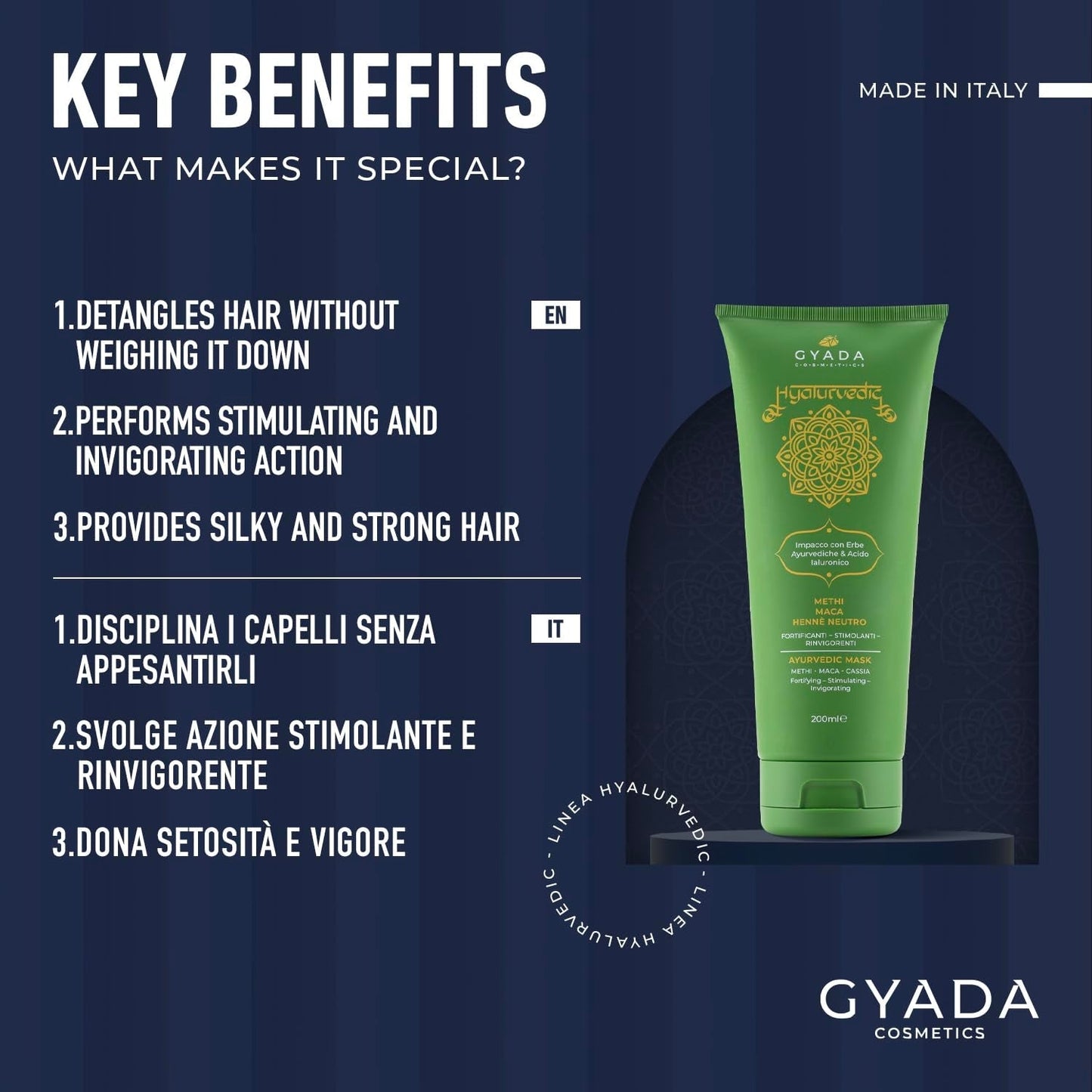 GYADA COSMETICS, hyalurvedisk styrkende ayurvedisk kompres, professionel behandling til fint og svagt hår, anti-frizz med methi, Maca, neutral henna, 200 ml Naty Shop hårmaske