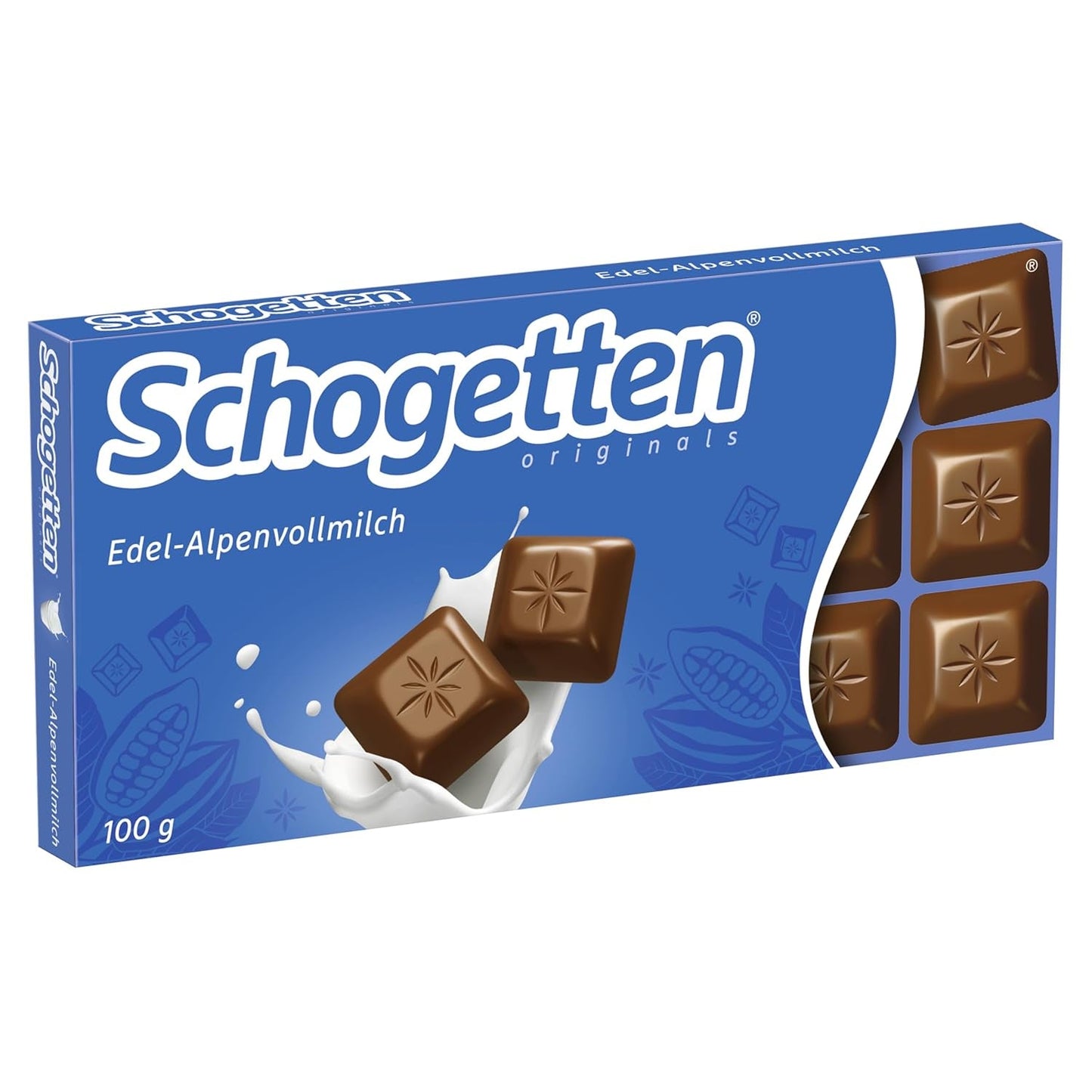 Schogetten Premium Alpine mælkechokoladebar, 100 g, portionsvis individuelt. En fryd. Stykke for stykke.