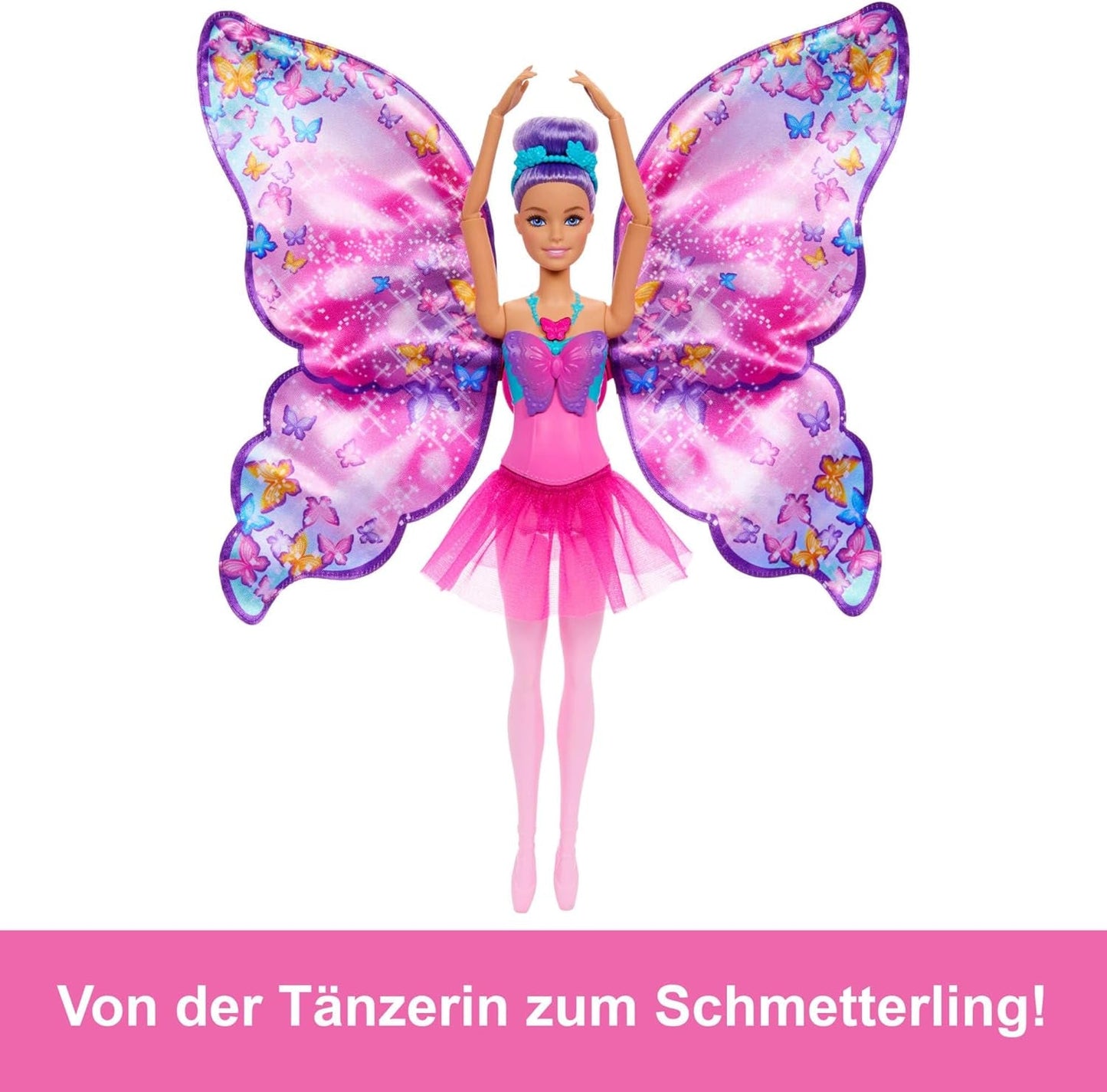Barbie Dancer and Butterfly 2-i-1 transformerer danser til sommerfugl med åbne vinger, lilla hår, hårtilbehør og aftagelig tutu, HXJ10