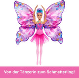 Barbie Dancer and Butterfly 2-i-1 transformerer danser til sommerfugl med åbne vinger, lilla hår, hårtilbehør og aftagelig tutu, HXJ10