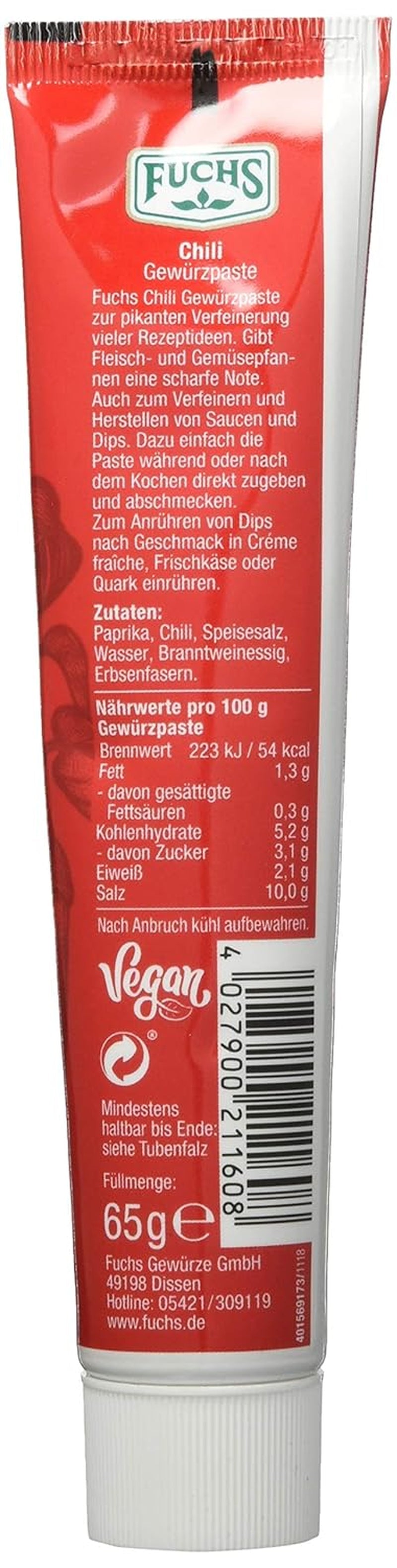 Fuchs Gewürze – Chili Gewürzpaste, vollmundig piquantes Aroma, Paste zum Würzen von scharfen Soßen, Fleisch-Gerichten eller Suppen jeglicher Länder-Küchen, 65 g