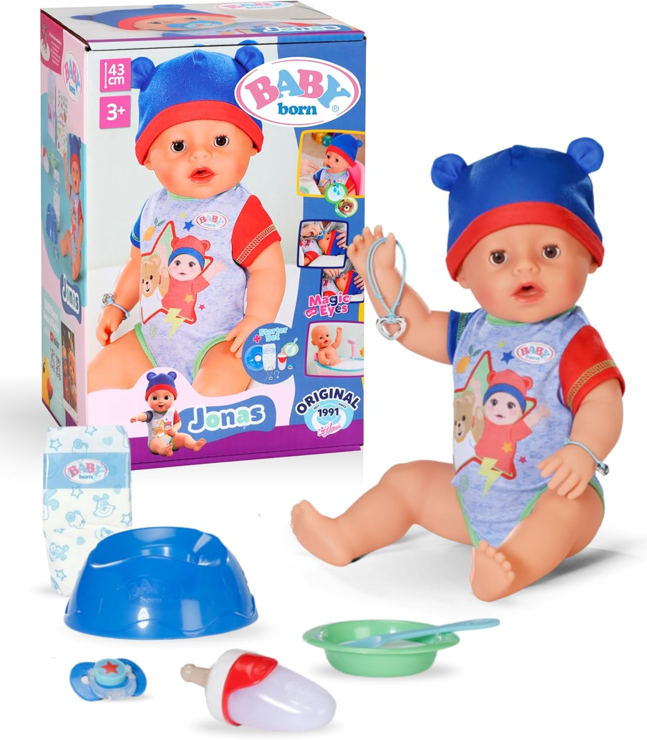 BABY Born Jonas - babydukke 43 cm - 10 funktioner inklusive tilbehør og madras - Fungerer fuldt ud uden batterier - Velegnet til børn fra 3 år og derover