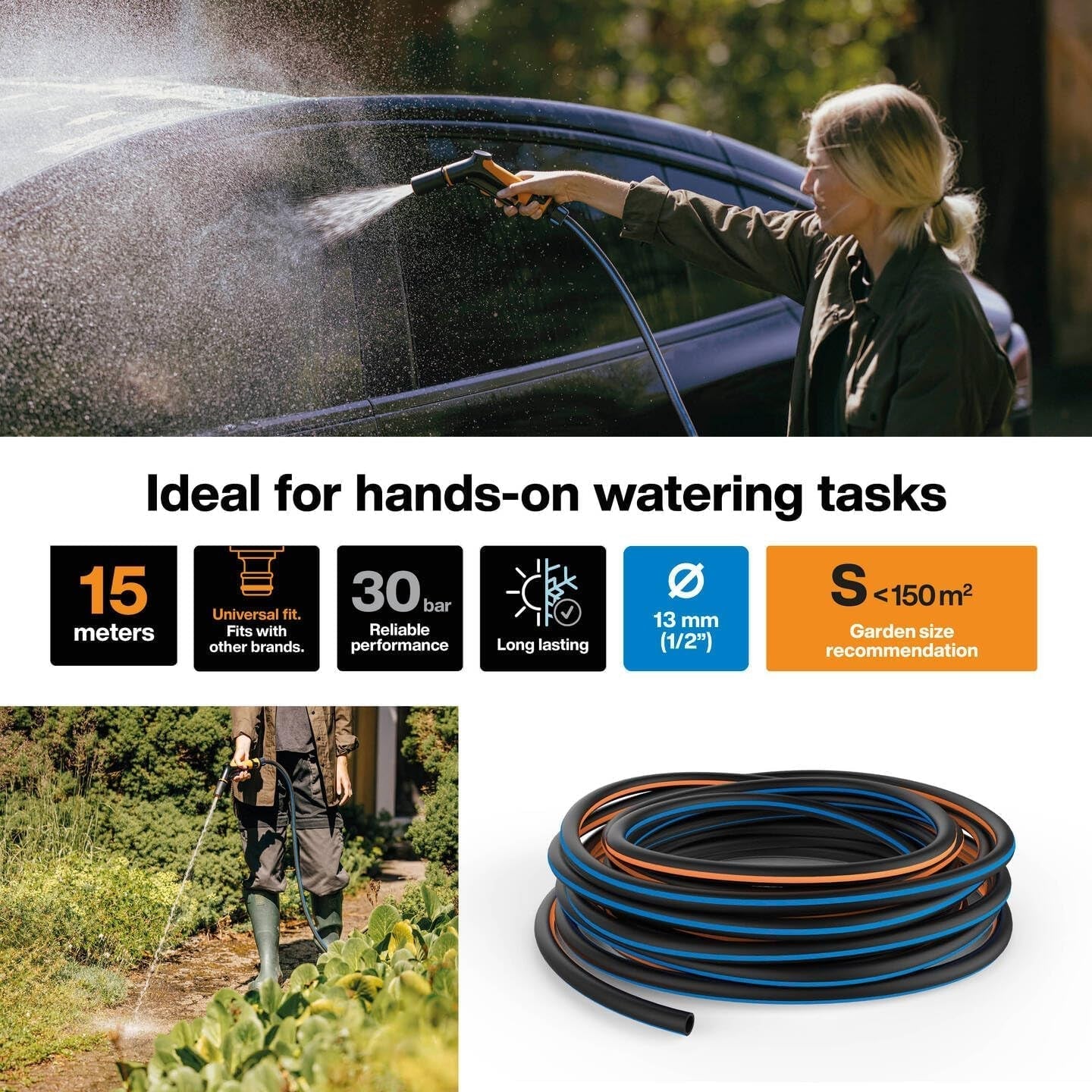 Fiskars S haveslange, Solid, Vandslange til manuel vanding, 13 mm (1/2"), Længde: 15 m, Universalforbindelse, UV-beskyttelse, Frostbeskyttelse, Vridsikker, Blå, 1076049