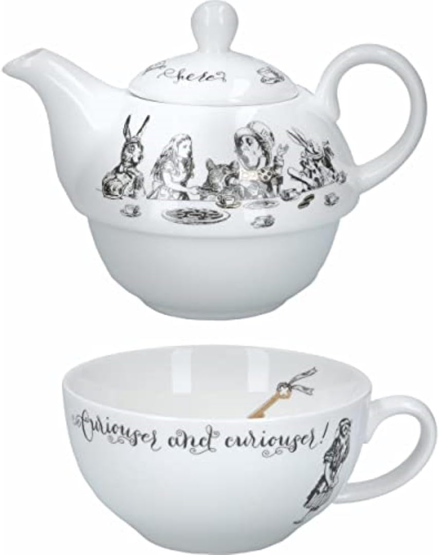 Alice i Eventyrland tekande og kop sæt til 1 person i gaveæske, fint porcelæn testel, hvid, 250ml