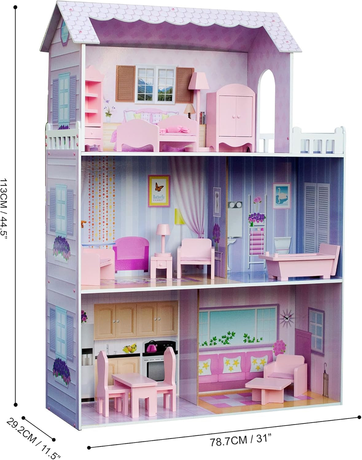 Olivia's Small World Giant Dukkehus, stort trædukkehus med møbler og tilbehør, 3-etagers dukkehus til børn, dukkehus til 12" dukker, 3 år + Naty Shop dukkehuse