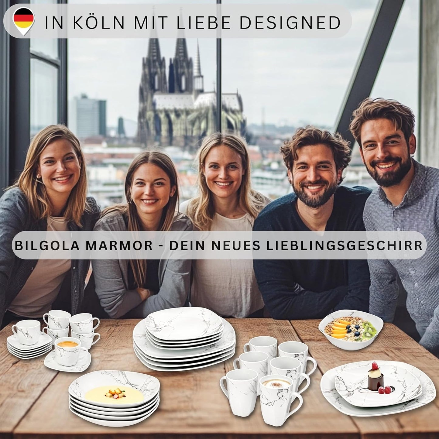 SANGER | Bilgola Marmor Combination Sergey Sæt 36-Deles Porcelænssæt til 6 med middagstallerkener, desserttallerkener, suma tallerkener, kornskåle, kaffetallerkener og porcelænsskåle, firkantede | PREMIUM KOLLEKTIONEN