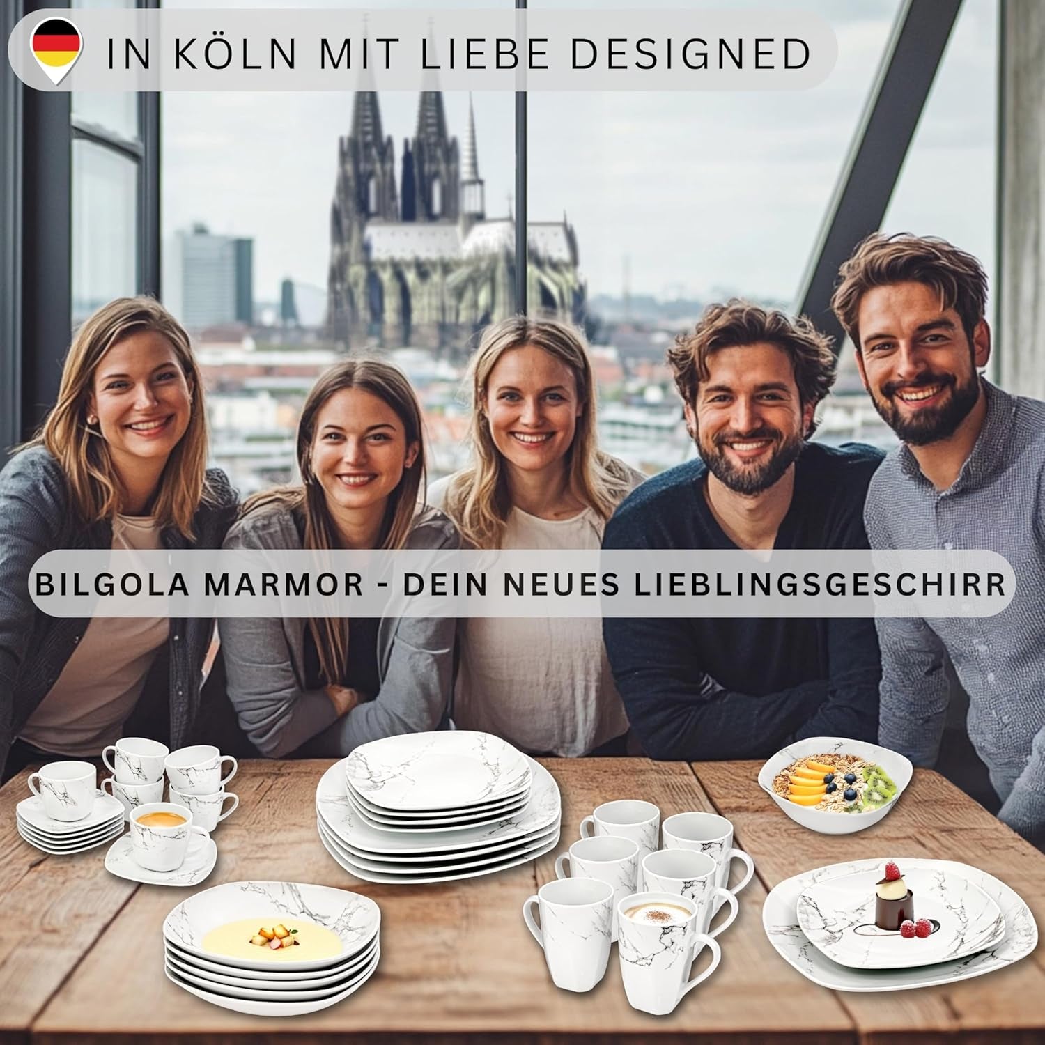 SANGER | Bilgola Marmor Combination Sergey Sæt 36-Deles Porcelænssæt til 6 med middagstallerkener, desserttallerkener, suma tallerkener, kornskåle, kaffetallerkener og porcelænsskåle, firkantede | PREMIUM KOLLEKTIONEN