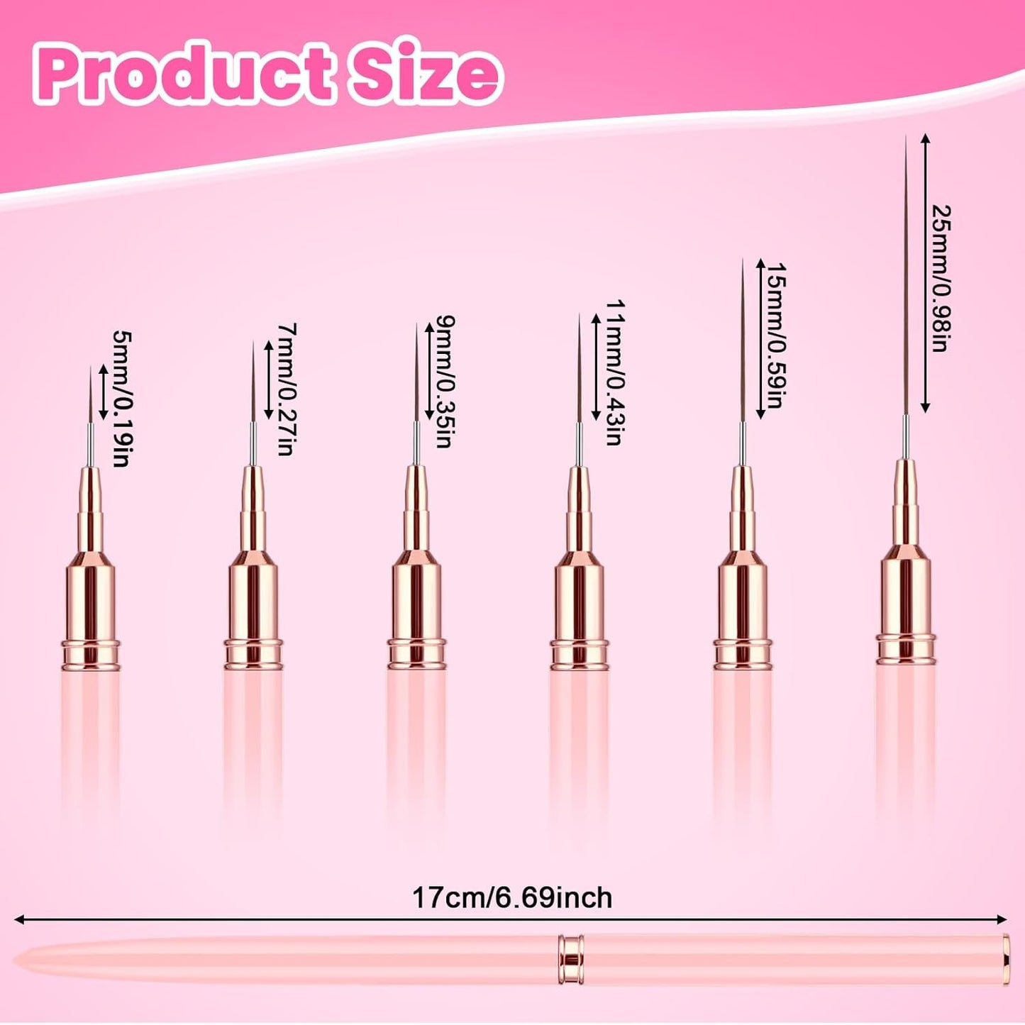 6 Stück Liner Nailart Pinsel Nageldesign Pinsel Sæt Dünn Acryl Nagelpunkt-Zeichenwerkzeug Nägel Dünne Nagelpinsel Sæt Für Lange Linien, Dünne Details, Feines Zichnen 5/7/9/11/15/25 Mm（Rosa）