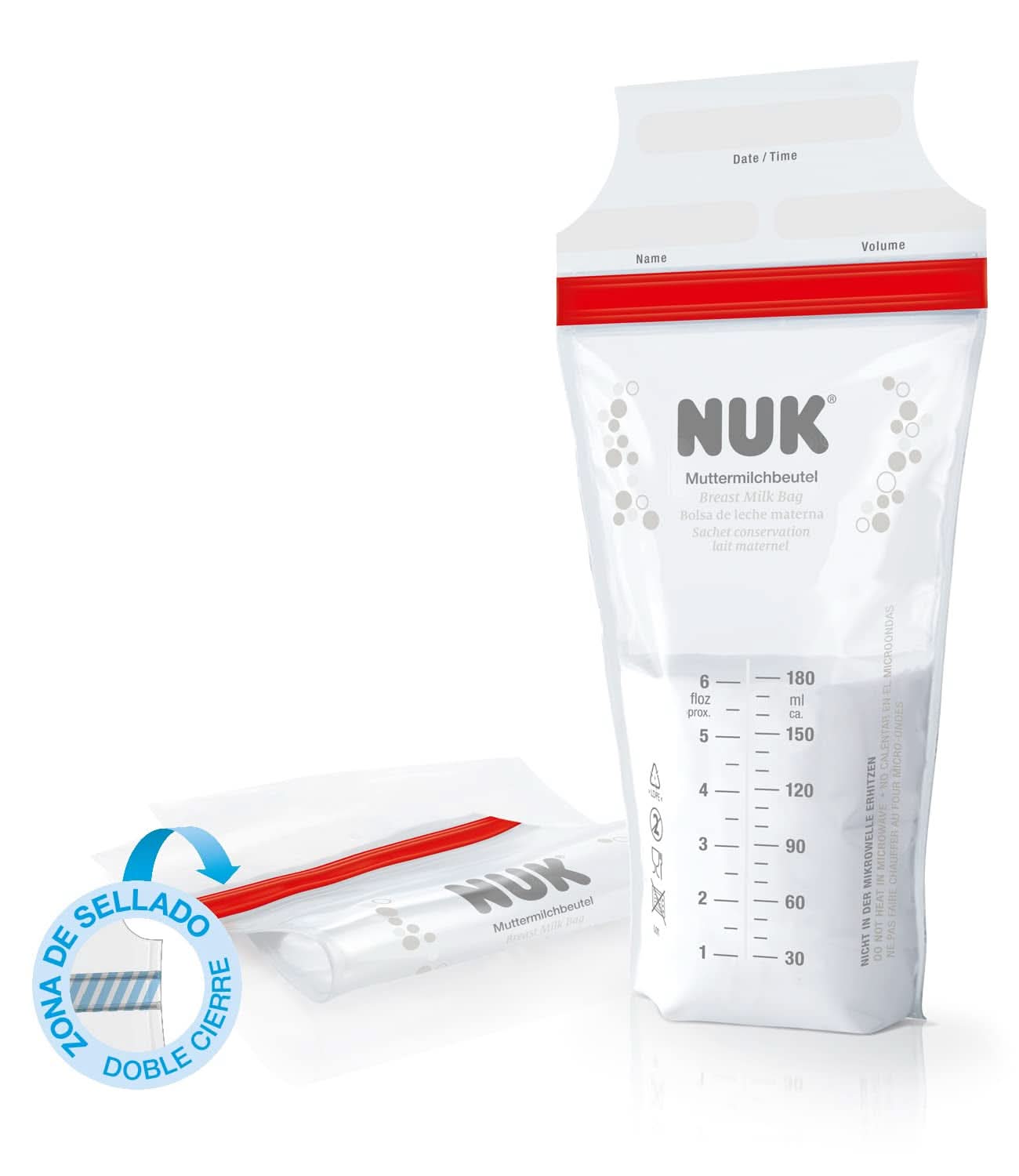 NUK modermælksposer, som sparer plads og kan bruges med det samme, 180 ml, 25 stk, gennemsigtigt Tilbehør Mad og Amning Bebe Naty Shop