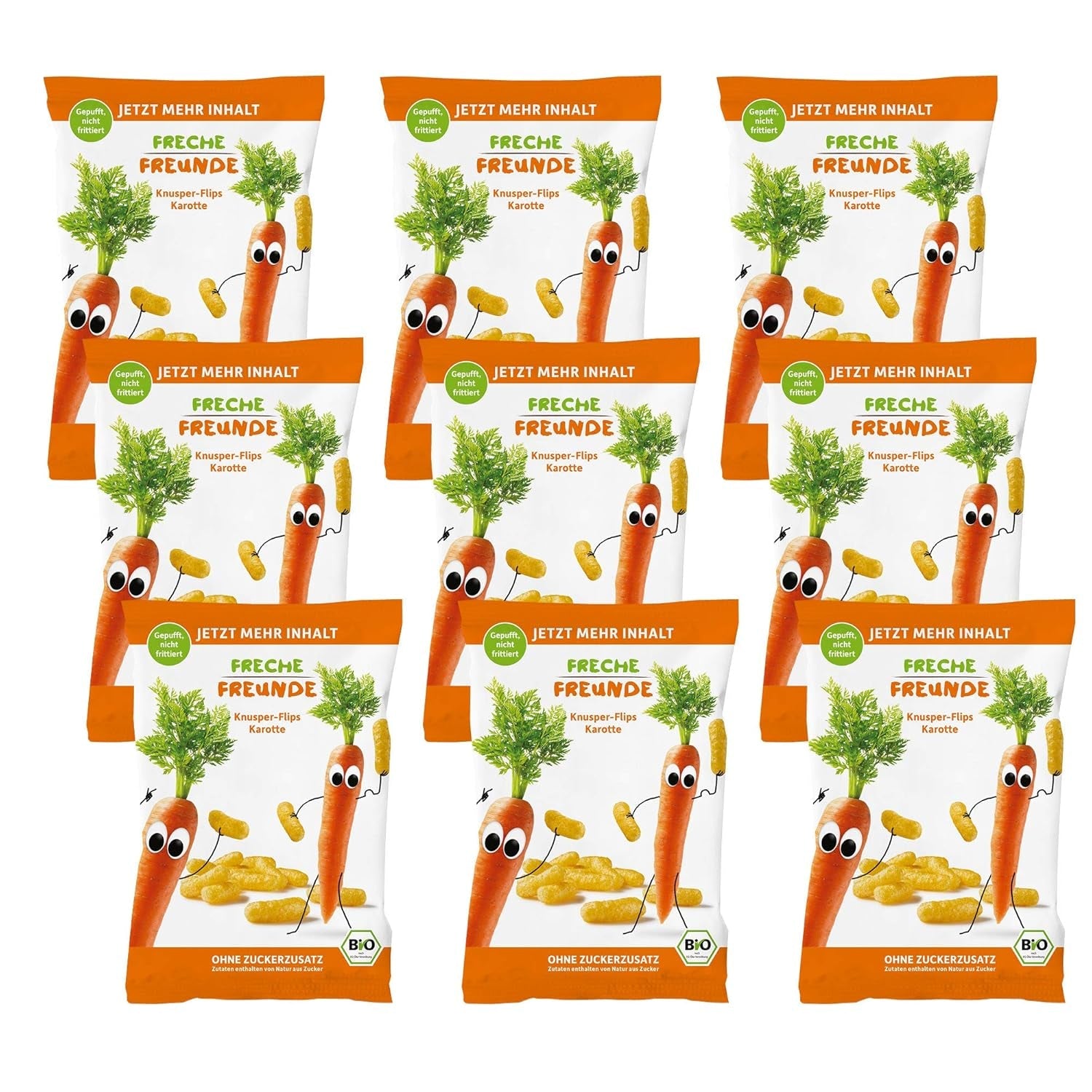 Økologiske frugtchips "100% jordbær" frysetørrede jordbærfrugtchips (12 x 12 g) og nye økologiske sprøde majs- og gulerodsflips, økologisk snack, fra 1 år, (9 x 30 g) 270 g