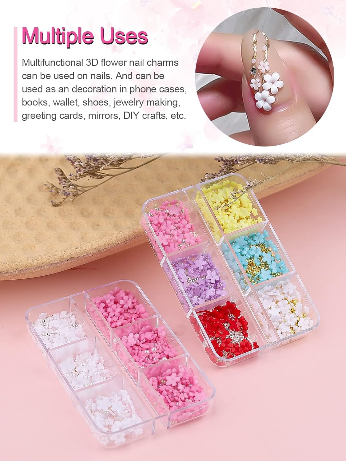Kalolary Flowers Nail Art Charms, 3D Akryl Blomster til negle Fem kronblade Blomsterdekorationer Negle Gems Rhinsten Blandede metalperler til DIY Nail Art Design Smykkefremstilling (2 æsker)