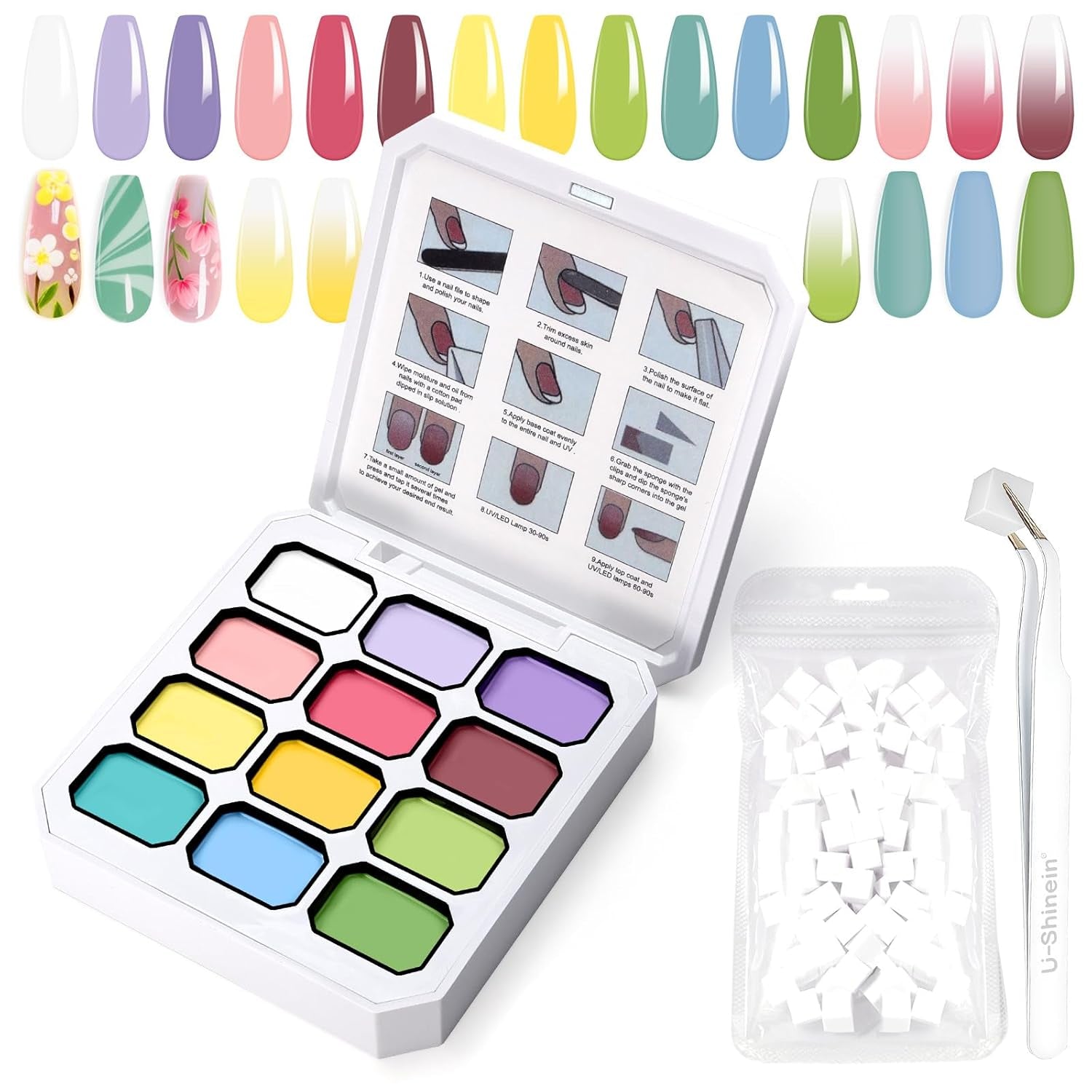 Gradient Painting Gel, 12 farver Ombre Gel neglelak med 100 stk. neglesvampe & 4 kløer metalgrabber til fransk manicure DIY neglekunst, sæt I