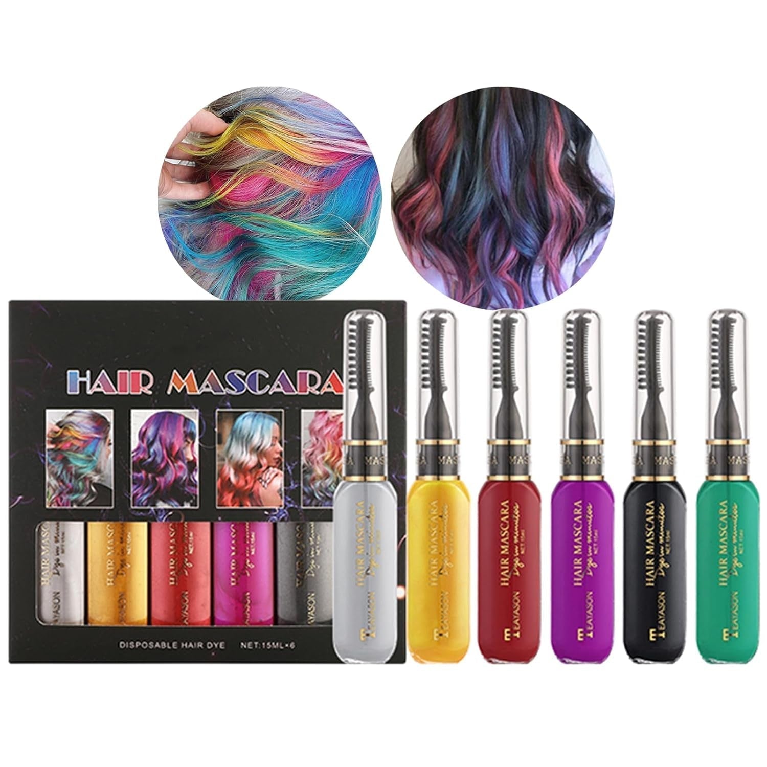 Øjeblikkelig hårfarve 6 farver Midlertidig hårmascara til piger og kvinder Vaskbart hår Kridt Regnbuehårmascara Hårfarve til Carnival Halloween Cosplay Fest Fødselsdag (A) Naty Shop Hårfarve B 90 Ml (1 pakke)
