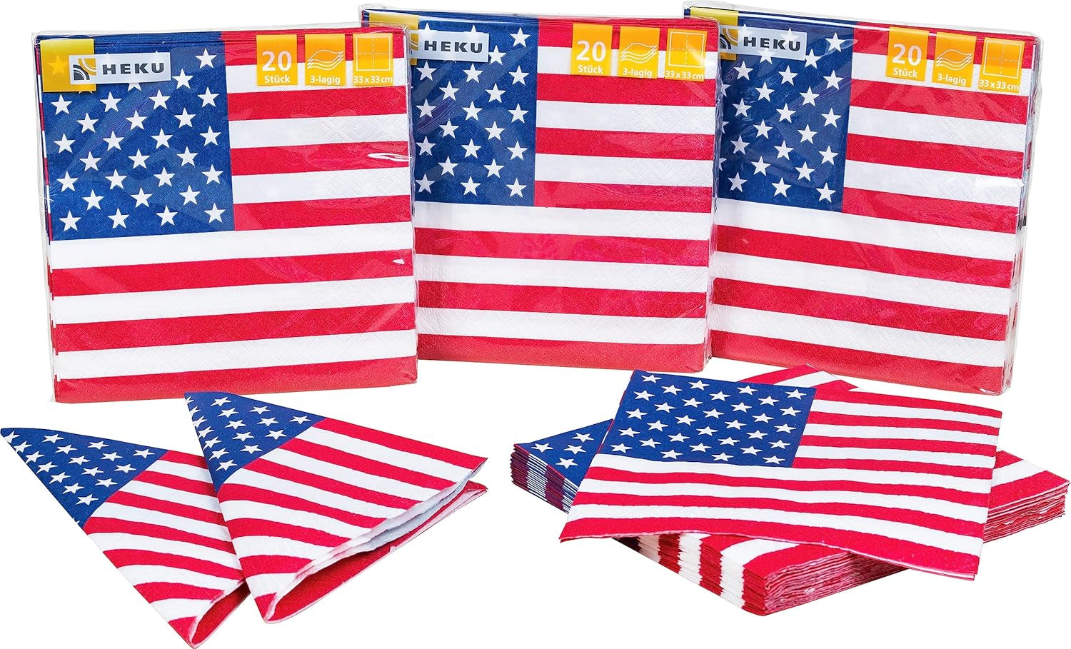 HEKU 191-stk. USA Festsæt I Papirtallerkener Ø23Cm, Røde Kopper, 3-lags servietter 33X33Cm, Dekorationsvælger, Vimpelkæde 10M I Perfekt til temafester og nationale helligdage