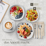 tectake® 12-personers spisestel, 100-delt porcelænsstel, inklusive 12 tallerkener, 12 desserttallerkener, 12 middagstallerkener, 12 kopper, 12 kornskåle, salatskål, mælkekande, sukkerskål
