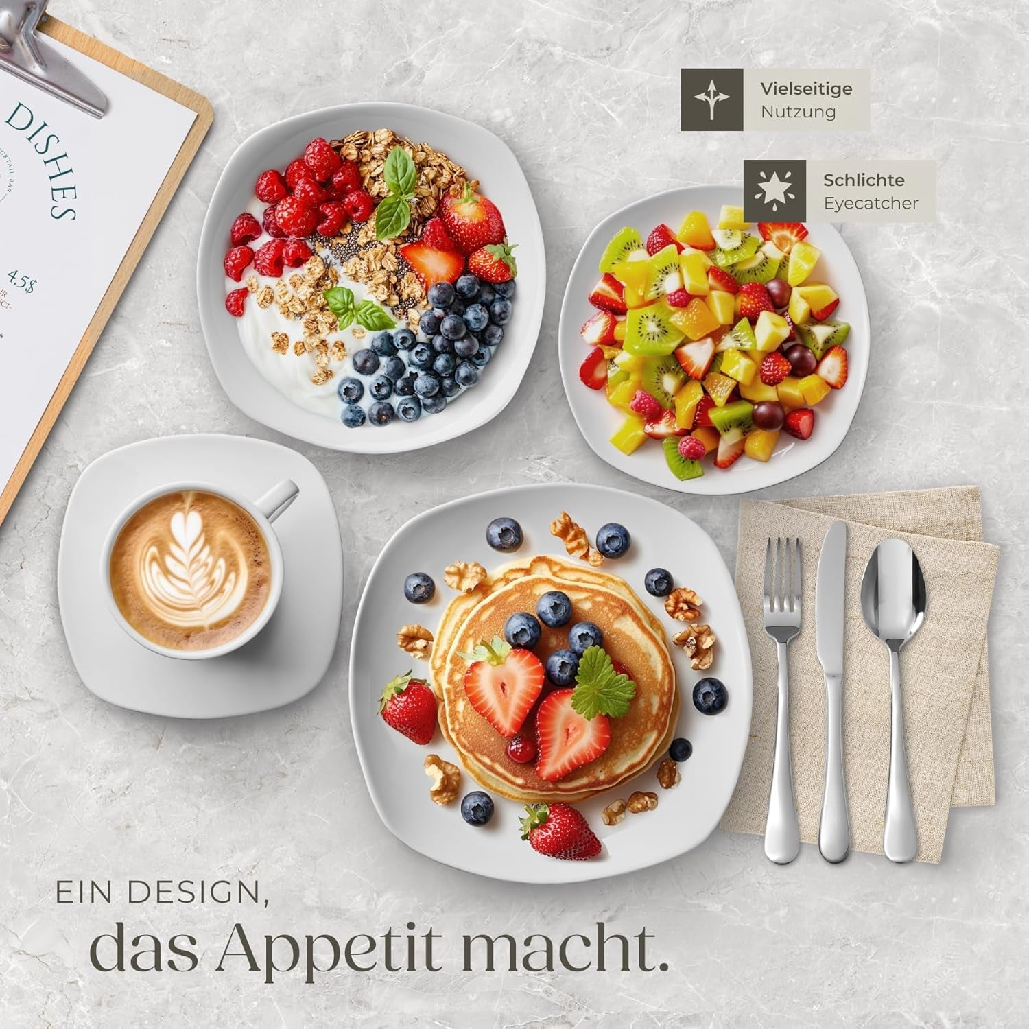 tectake® 12-personers spisestel, 100-delt porcelænsstel, inklusive 12 tallerkener, 12 desserttallerkener, 12 middagstallerkener, 12 kopper, 12 kornskåle, salatskål, mælkekande, sukkerskål