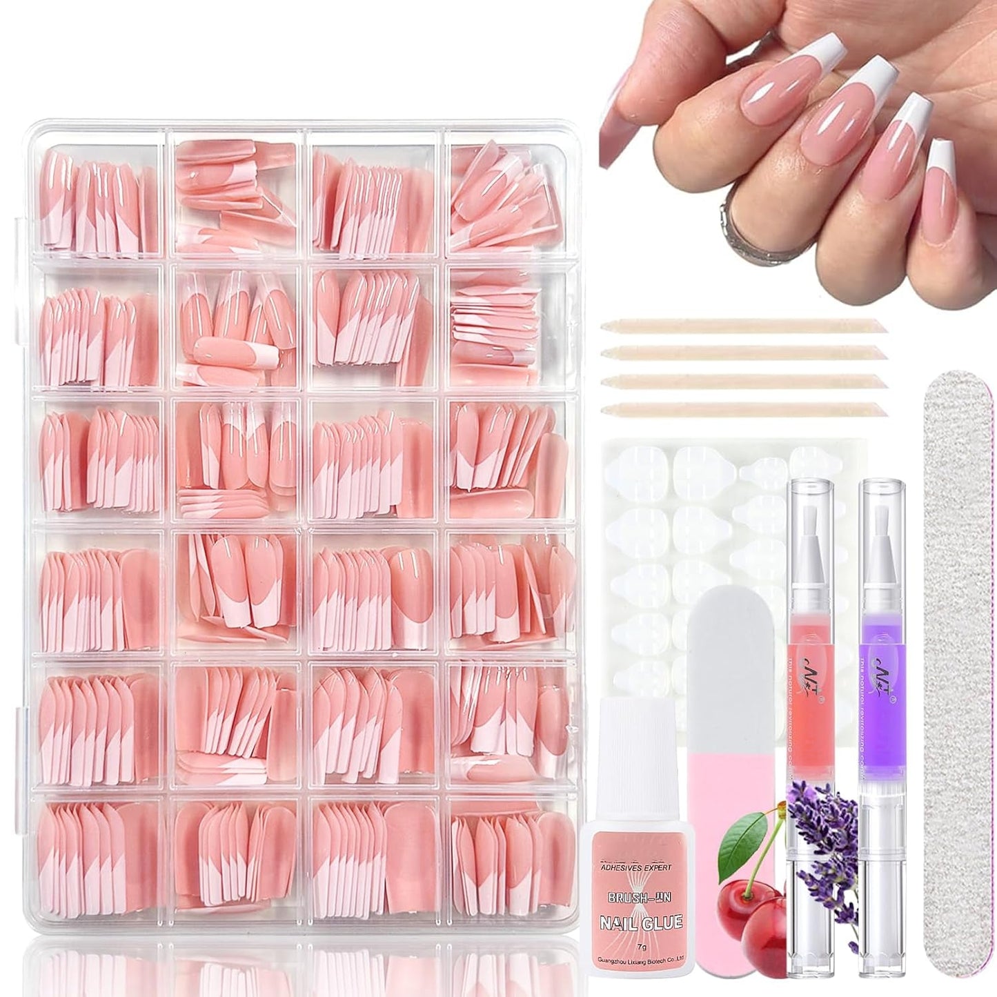 360 stk Gradient Ballerina Falske Negle Sæt, Pink White Gradient Lime-on kunstige negle med 2 stk Nail Oil Penne, Ombre Medium Fake Neils for Women DIY