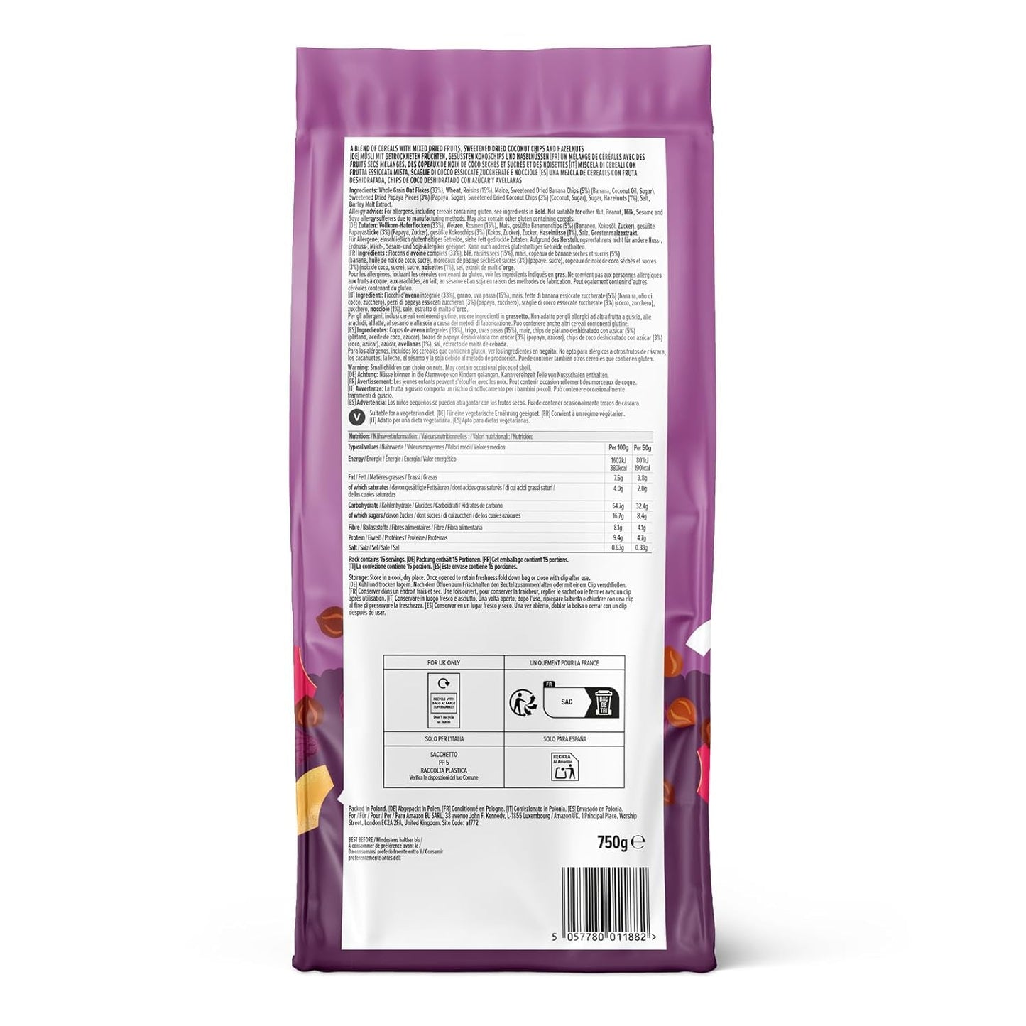 Müsli med frugt og nødder fra Amazon, 750g