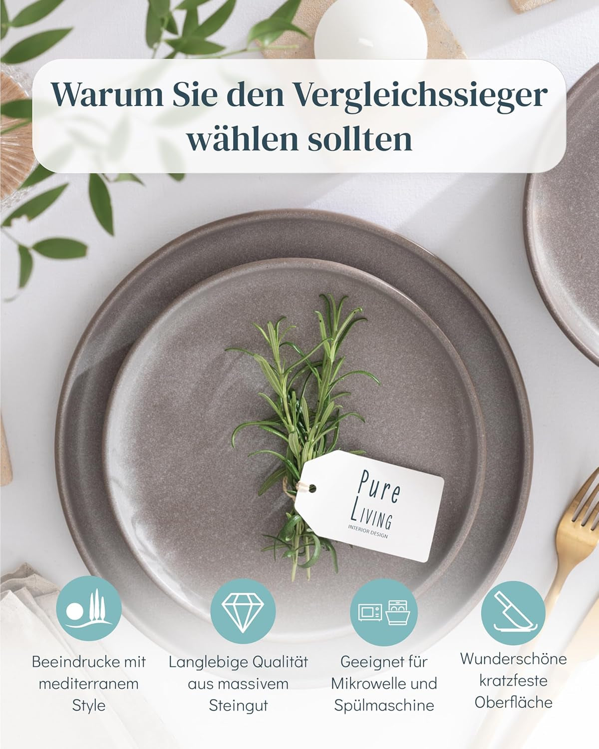 Stentøjsstel til 12, 36 stykker, Urban Style, Høj kvalitet, MEGET GOD TEST, Stentøjsstel - Skål og tallerkensæt - Spisestel til 12, Pure Living servisesæt i matgråbrun
