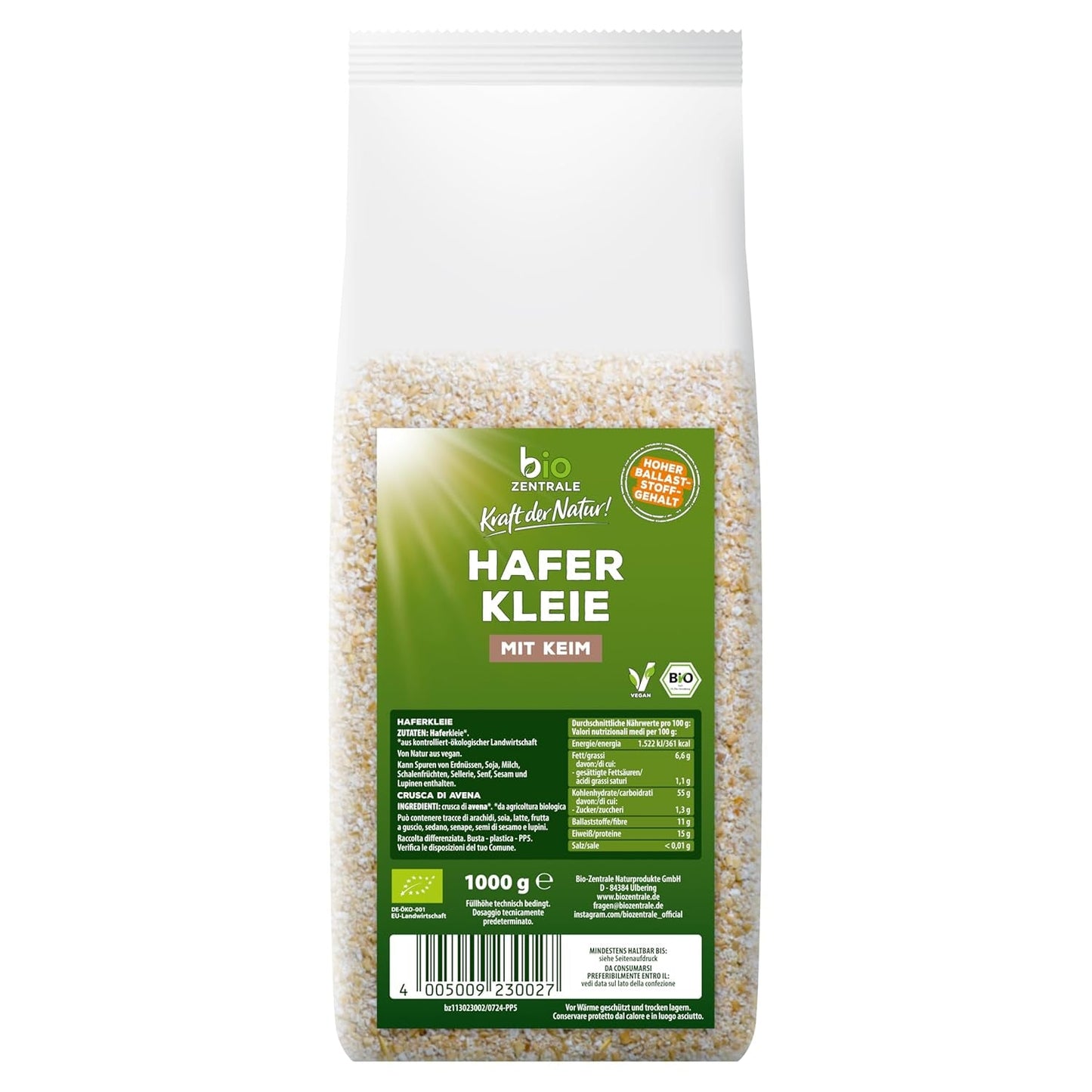 Biocentral økologisk havreklid 1 kg | Fordelagtig pakke | Fiberrig proteinkilde | Naturally vegan | Fra EU's landbrug | Lavt sukkerindhold