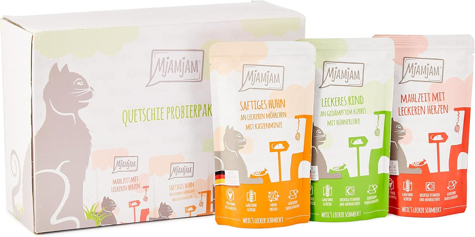 MjAMjAM - Premium våd kattefoder - Blandet pakke I - Kylling, oksekød, hjerter 12 pakke (12 x 125 g), kornfri med ekstra kød
