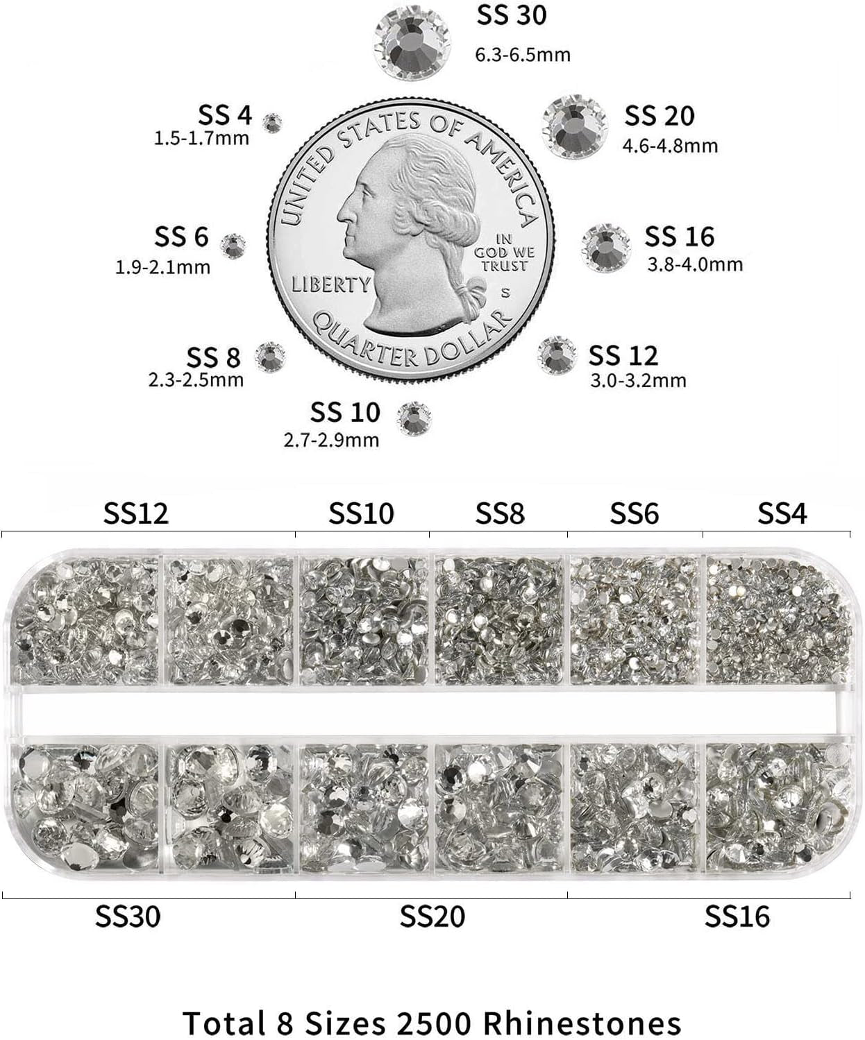 Beadsland 2500 stk Glas Nailart Strasssteine ​​​​Kristall Flatback Edelsteine ​​​​Runde, ​​Für Handwerk Gemischt 8 Größen SS4 ~ SS30 Mit Picking Pinzette Und Stift (Kristall Weiss)