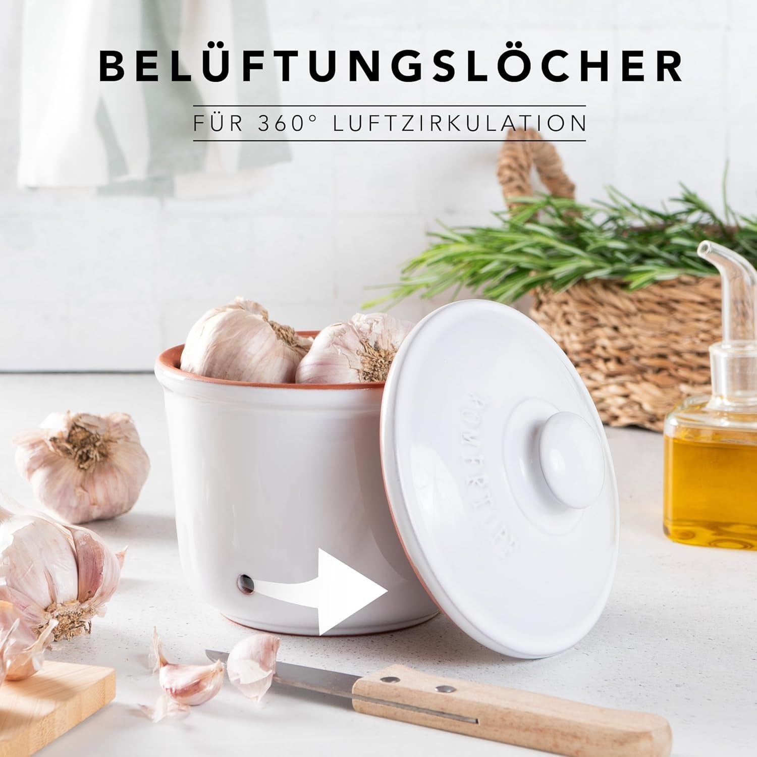 Römertopf Fresh Pot MINI 0,6 liter - Keramisk hvidløgsgryde - Åndbart ler holder grøntsager friske i længere tid - Ideel luftcirkulation - Hvide madkasser Naty Shop