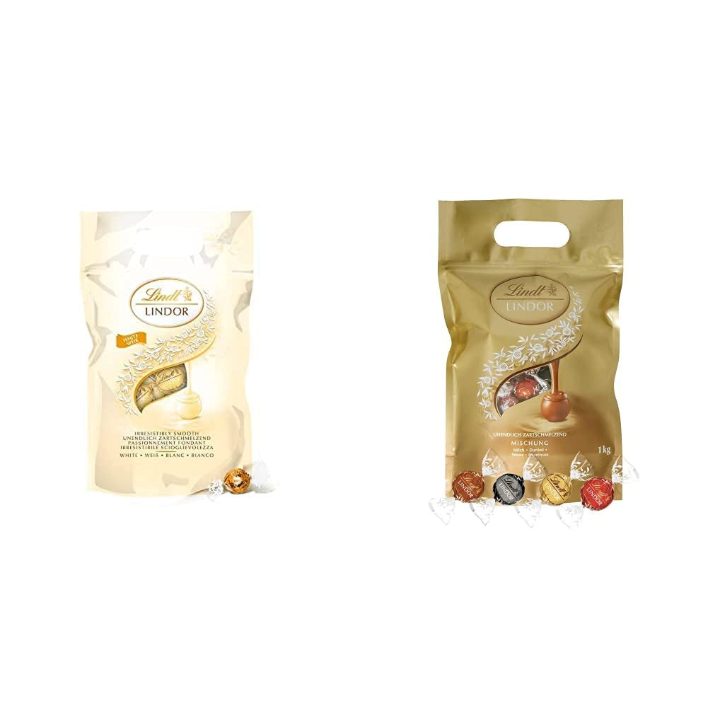 LINDOR hvide chokoladekugler, 1 kg og LINDOR | 1 kg genlukkelig pose | ca. 80 mælkechokoladekugler med myntefyld | Bulkpakke, pralinegave, chokoladegave