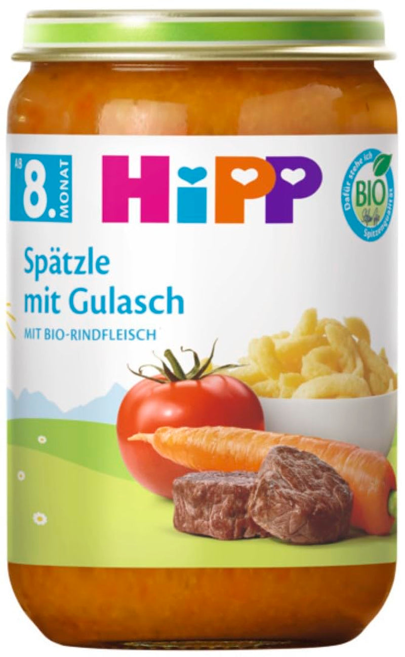HiPP Spätzle med gulasch (6 x 220g), måltid fra 8 måneder, uden tilsat salt, med Omega-3, bedste økologiske kvalitet