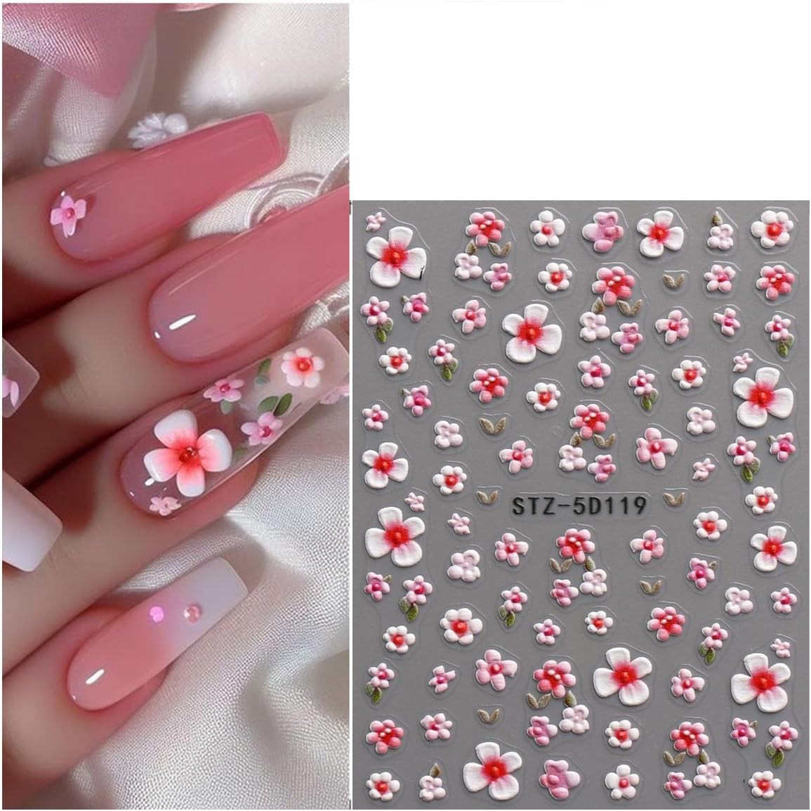 JMEOWIO 3D Nagelsticker Blume Nail Art Sticker Selbstklebend Nagelaufkleber 5D Stereoskopisk Frühling Sommer Floral Dekoration Nageldesign Zubehör 4 Blatt