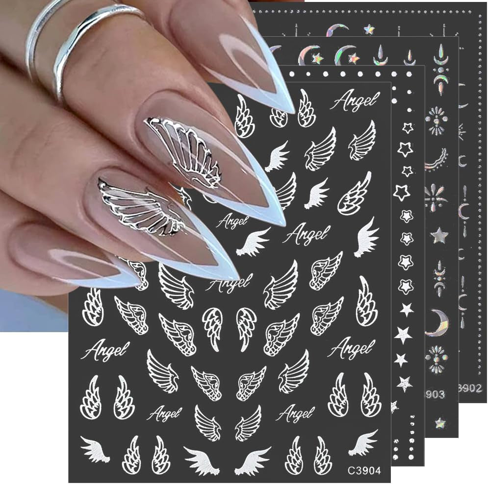 8 ark Guld Måne og Stjerner Nail Art Stickers Englevinger Tan Guld Nail Stickers Stjerner Negle Foils Selvklæbende negle Stickers Negle Design Tilbehør Negle Stickers