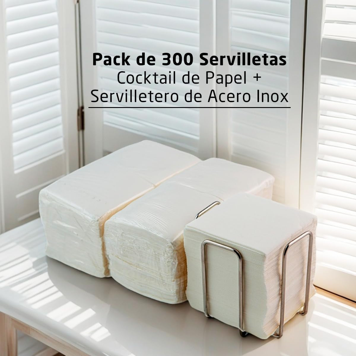 300 pakke hvide cocktailpapirservietter + servietholder i rustfrit stål Micro Dot Texture Tykt Absorberende 10 X 10 cm foldet sammen