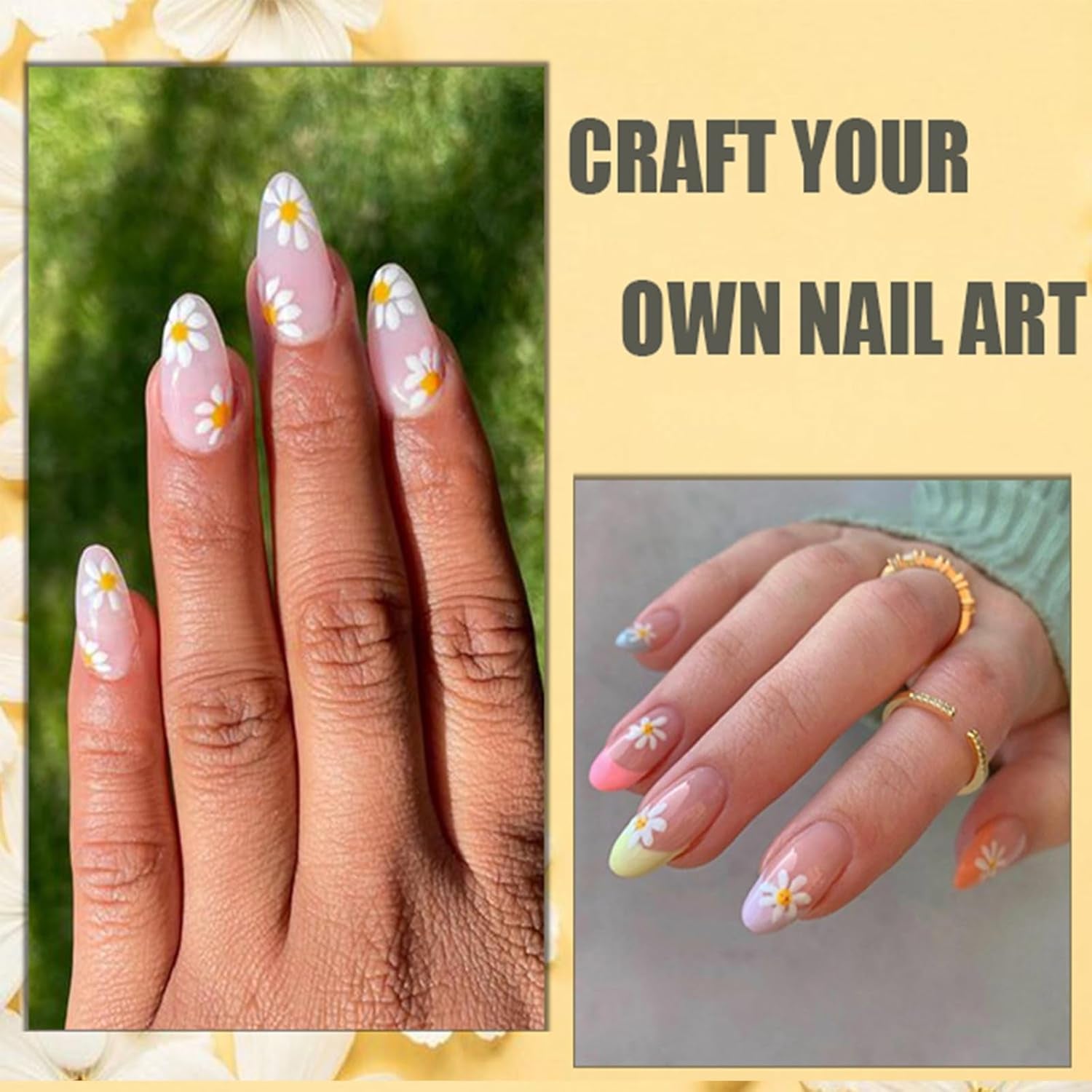 12 ark 3D-effekt negleklistermærke UV-hærdende Langtidsholdbare blomsternegleklistermærker Gul Hvid Daisy Nail Art-klistermærker