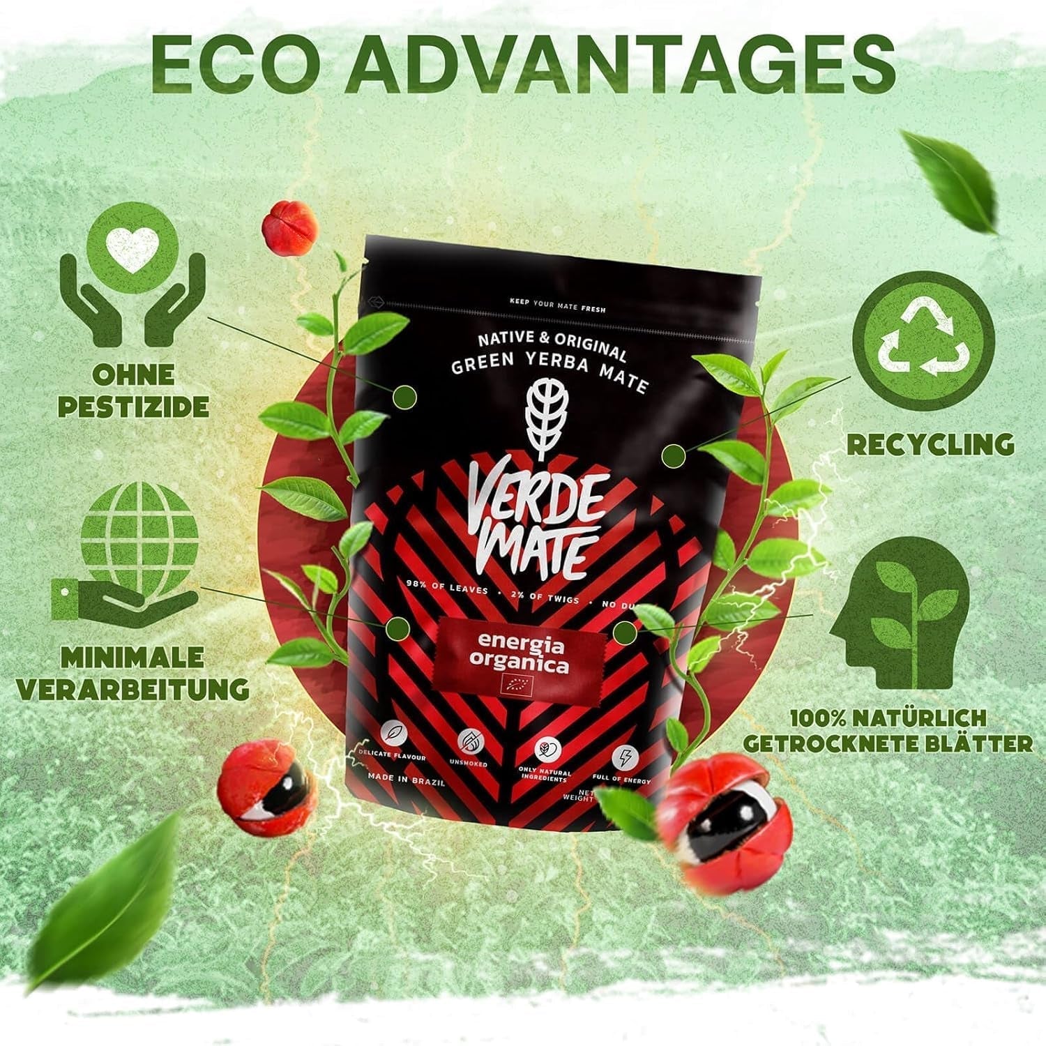 Green Mate Green Orgánica Energy Guarana 500G | Økologisk Yerba Mate te fra Brasilien | Naturligt koffeinindhold | Økologisk Mate te