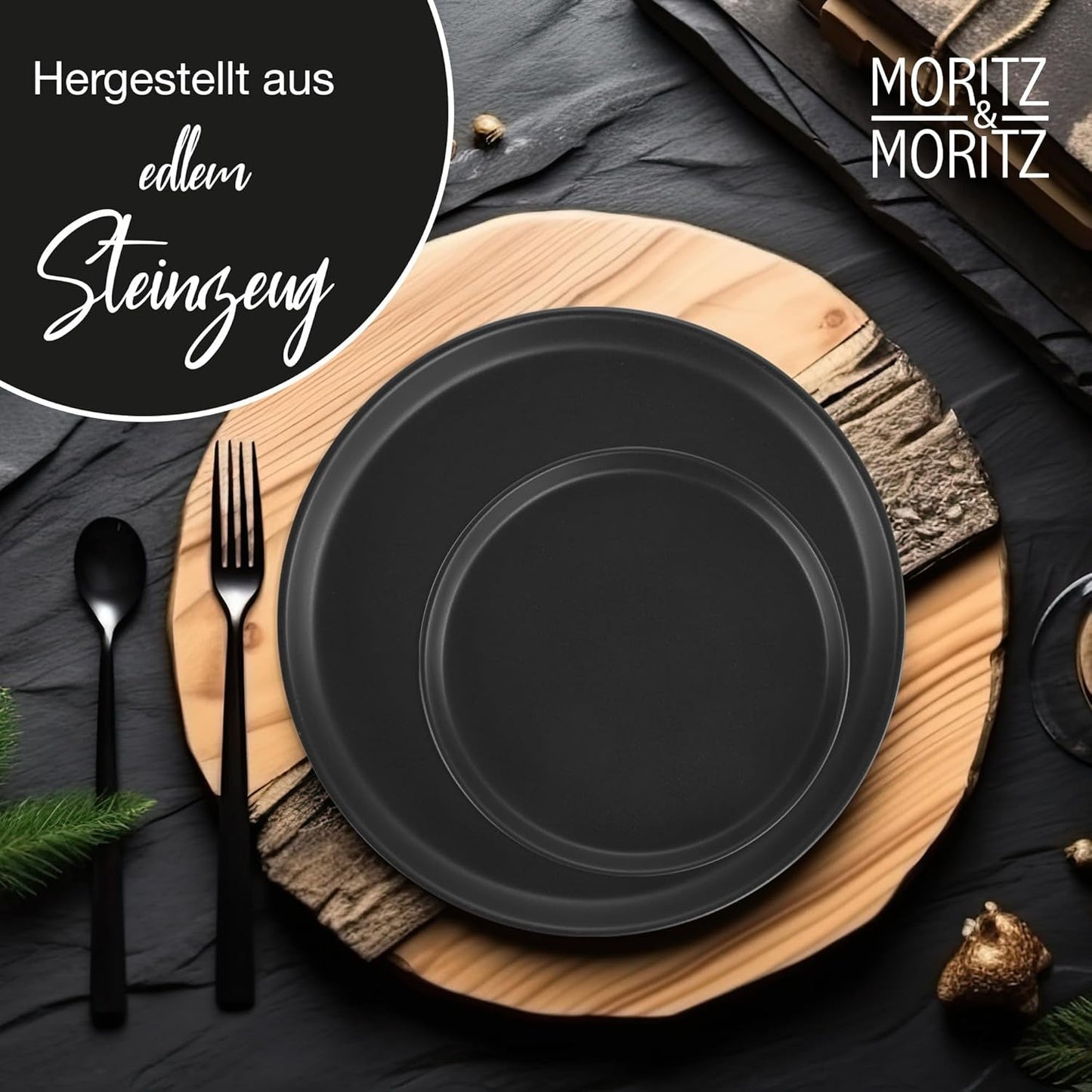 Moritz & Moritz NORDIC 6-personers porcelænssæt - 18-delt sort stentøjsstel - skandinavisk design - 6-personers robust stel til daglig brug og gæster - Kombinationsstel