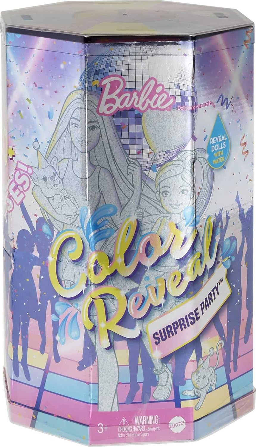 Barbie GXJ88 - Color Reveal Surprise Party, +50 overraskelser: 1 dukke, 1 Chelsea-dukke, 2 dyr, 6 farveændringer, tilbehør og mere, dansefestsæt, legetøjsgave til børn fra 3 år og opefter